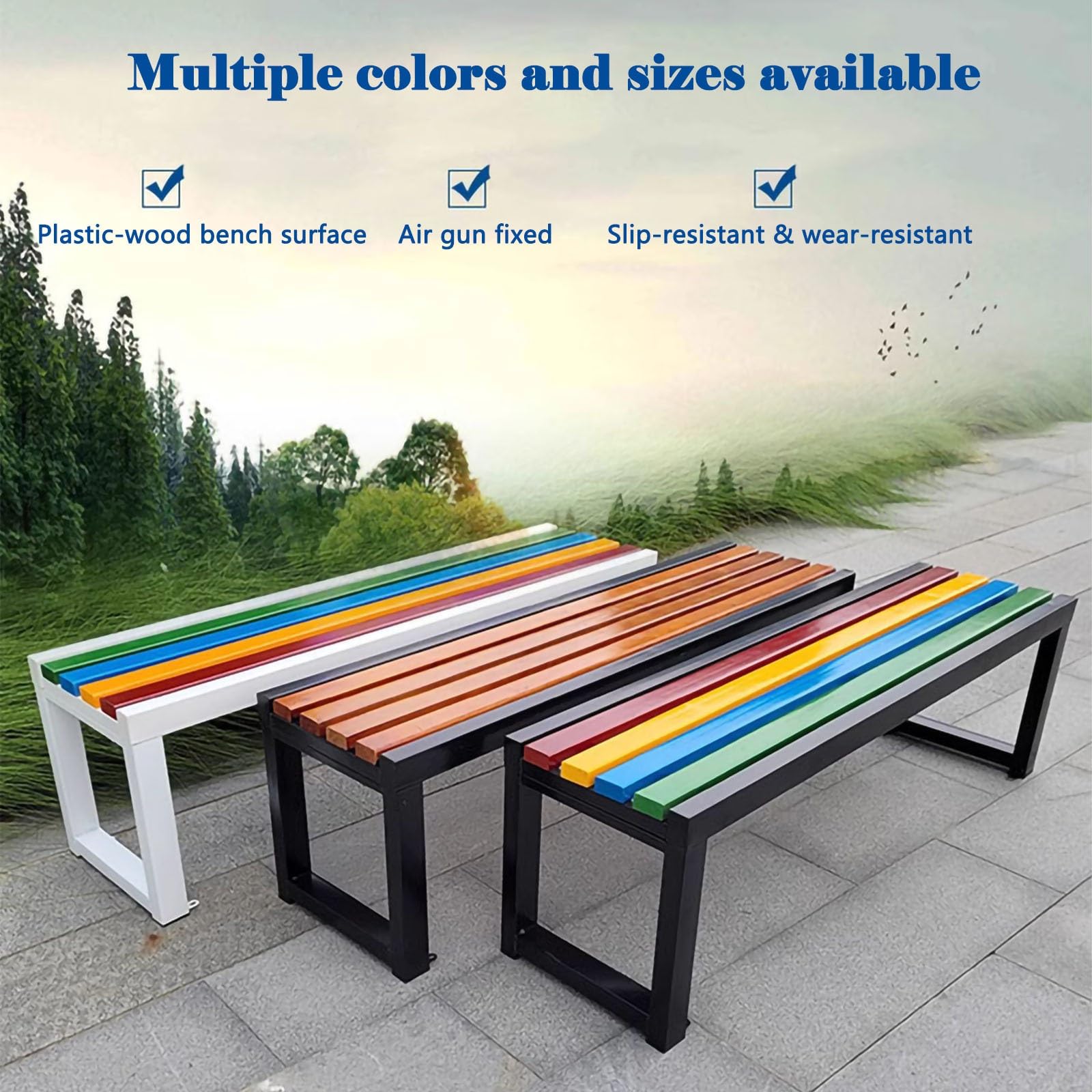 Odporna na warunki atmosferyczne ławka dla 23 osób metalowa e z plastikowymi listwami drewnianymi 400 kg bez oparcia siedzenia ogrodowe na zewnątrz 120 cm 47,5 cm biała i zielona