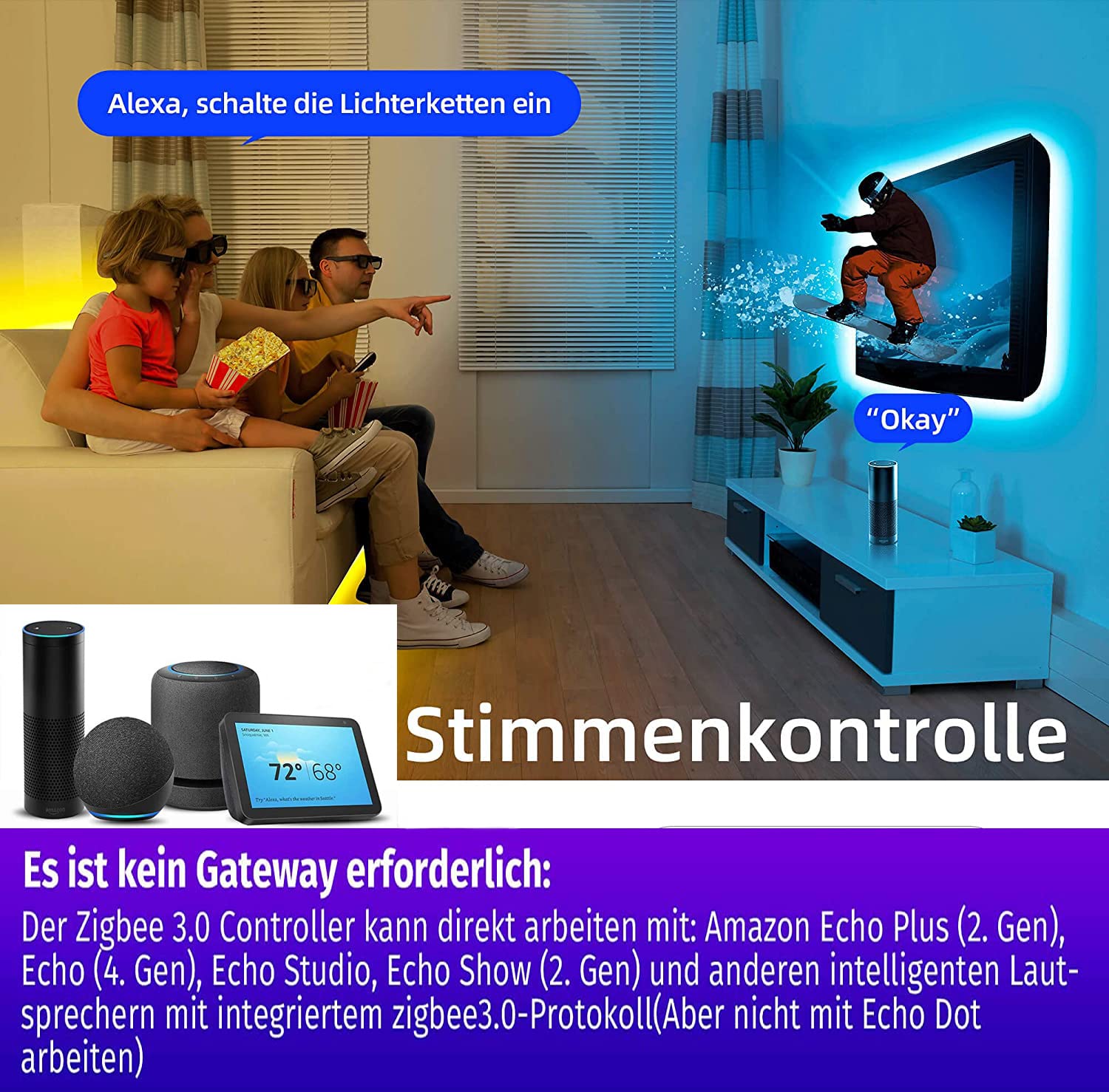 Bande LED ZigBee RGBW - Kit intelligent à intensité variable - Contrôleur ZigBee 3.0 - Fonctionne avec Hub Bridge Echo Plus pour application / Alexa - Commande vocale RVB - Blanc chaud - Bande LED