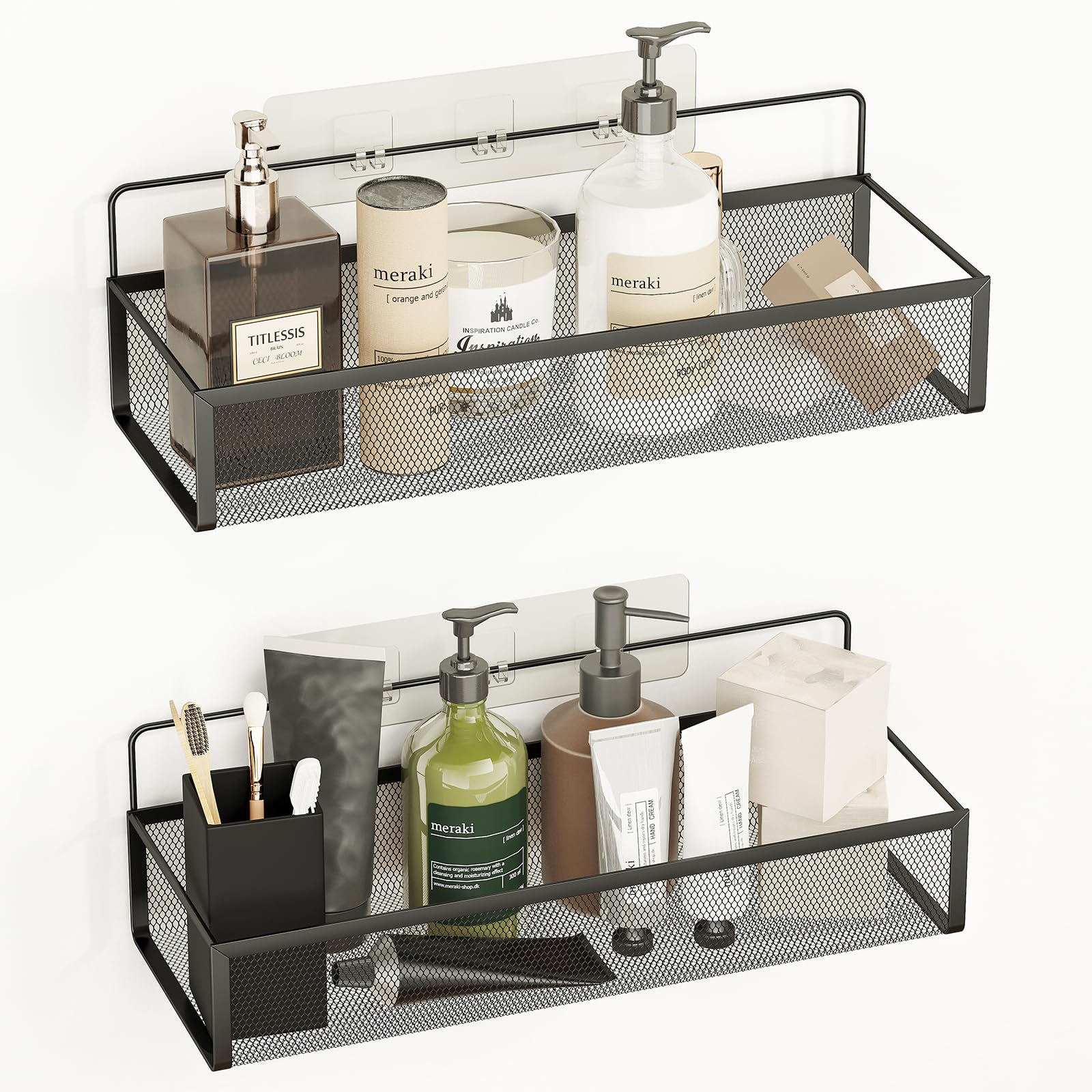 Fixwal 2 Pack Shower Caddy Bathroom Organizer Shelf with 4 Hooks, Rustproof Wall-Mounted Strong Adhesive Storage Rack No Drilling for Home Kitchen Dormitory Organizer (Black)