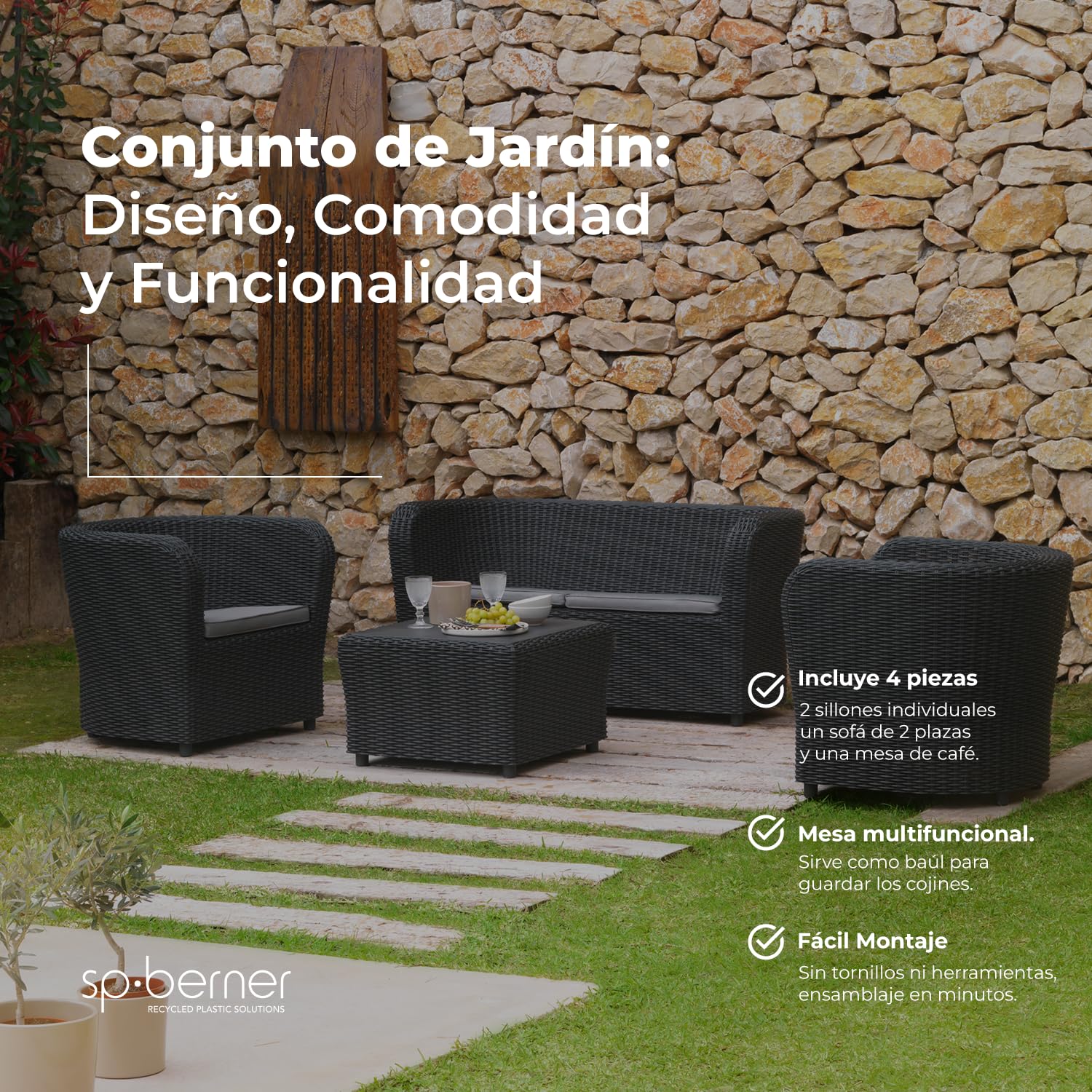 SHAF - Conjunto Jardín Exterior y Terraza - Sofá de 2 Plazas y 2 Sillones con Cojines Acolchados con Mesa Central con Almacenamiento Integrado - Plástico Reciclado - Set Nova Confort Storage - Grafito