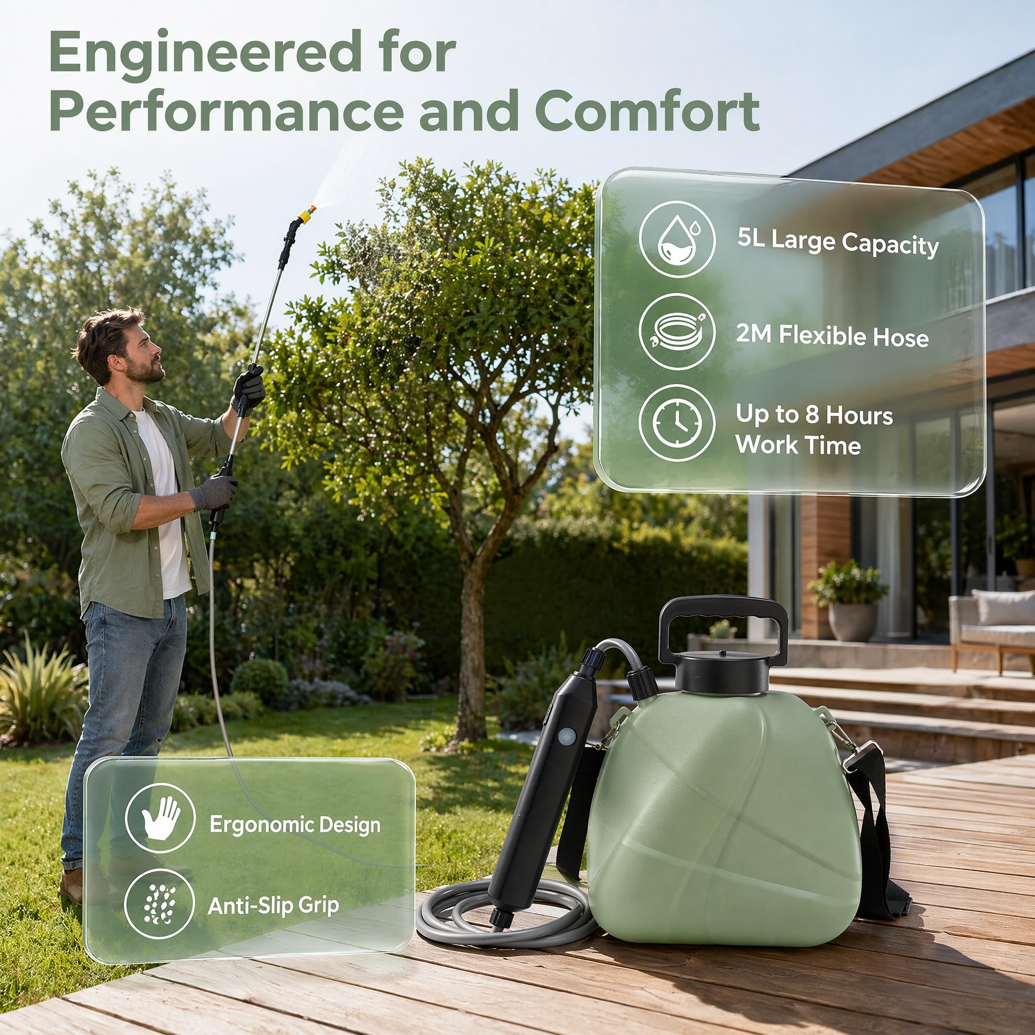 Spruzzatore a pressione da 5 l, spruzzatore elettrico per piante, a batteria, con 3 ugelli per nebbia e asta telescopica da 60 cm, spruzzatore elettrico a pressione, spruzzatore da giardino per la