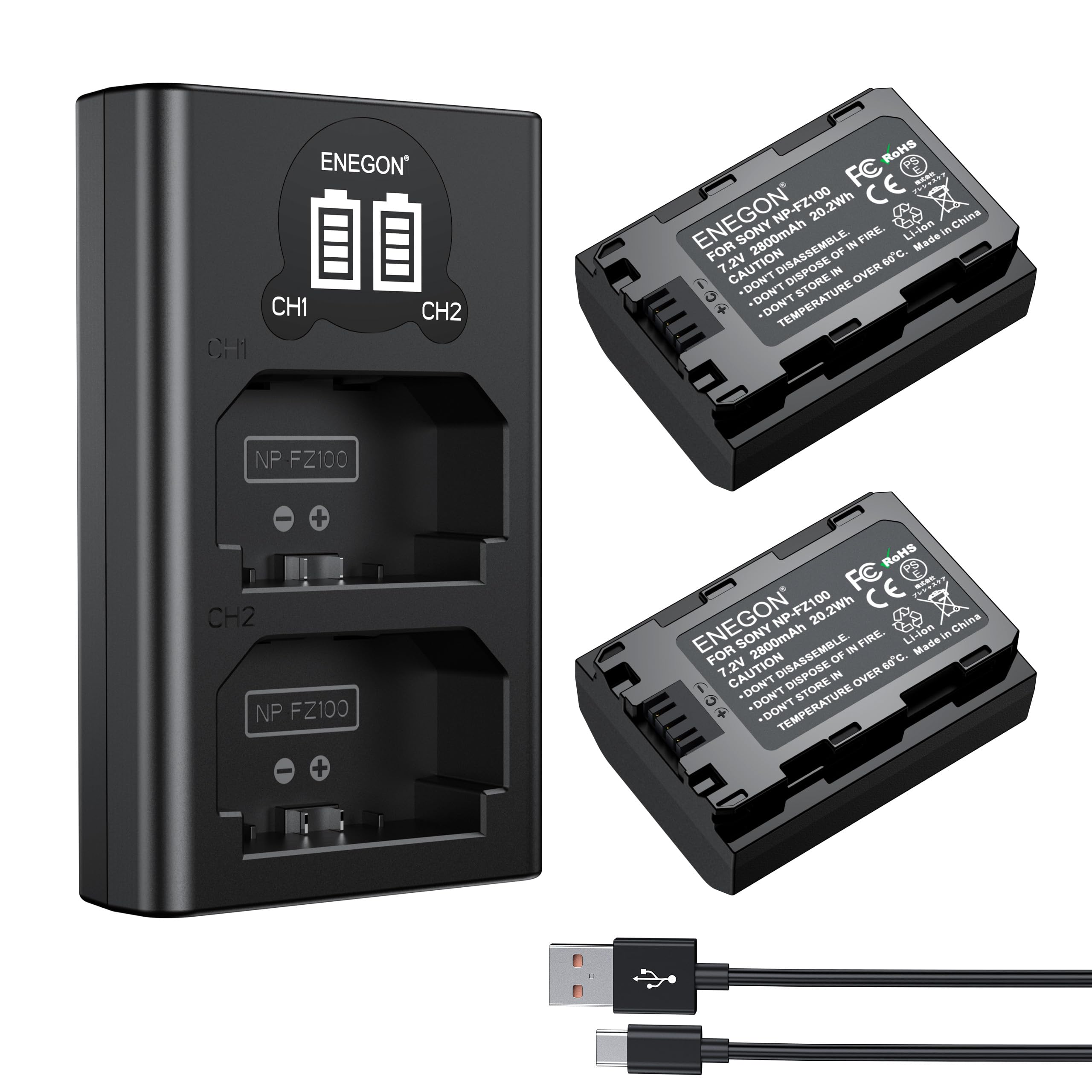 NP-FZ100 Battery 2280mAh and Dual LCD Charger Set for Sony A7iii, A7iv, A7C, A7C ii, A6700, A6600, ZV-E1, ZV-E10ii, FX3, FX30, A9, Alpha 9, Alpha 9S, A9S, A7R3, A7R4 Camera.
