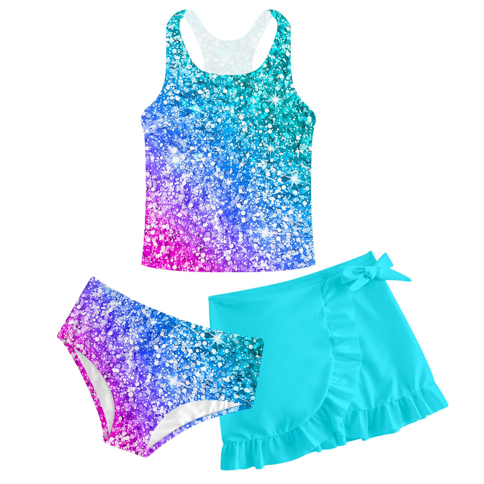 Girls Swimsuits 3 Piece Tankini Bathing Suit Set Cute Bikini Swimwear 5-16Y