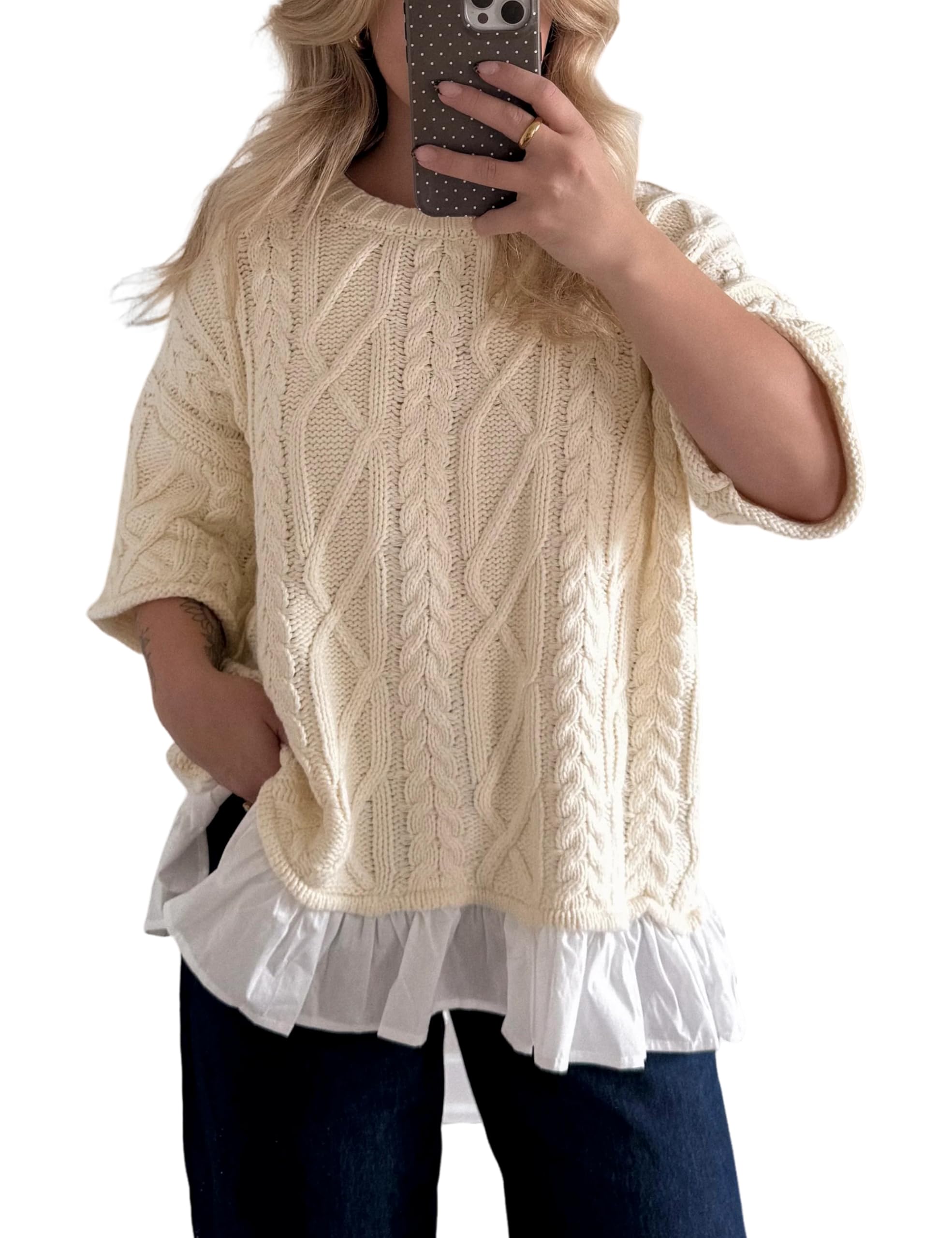 Yeokou Womens Short Sleeve Sweater Round Neck Ruffled Hem Cable Knit Pullover Summer Fall Casual Top