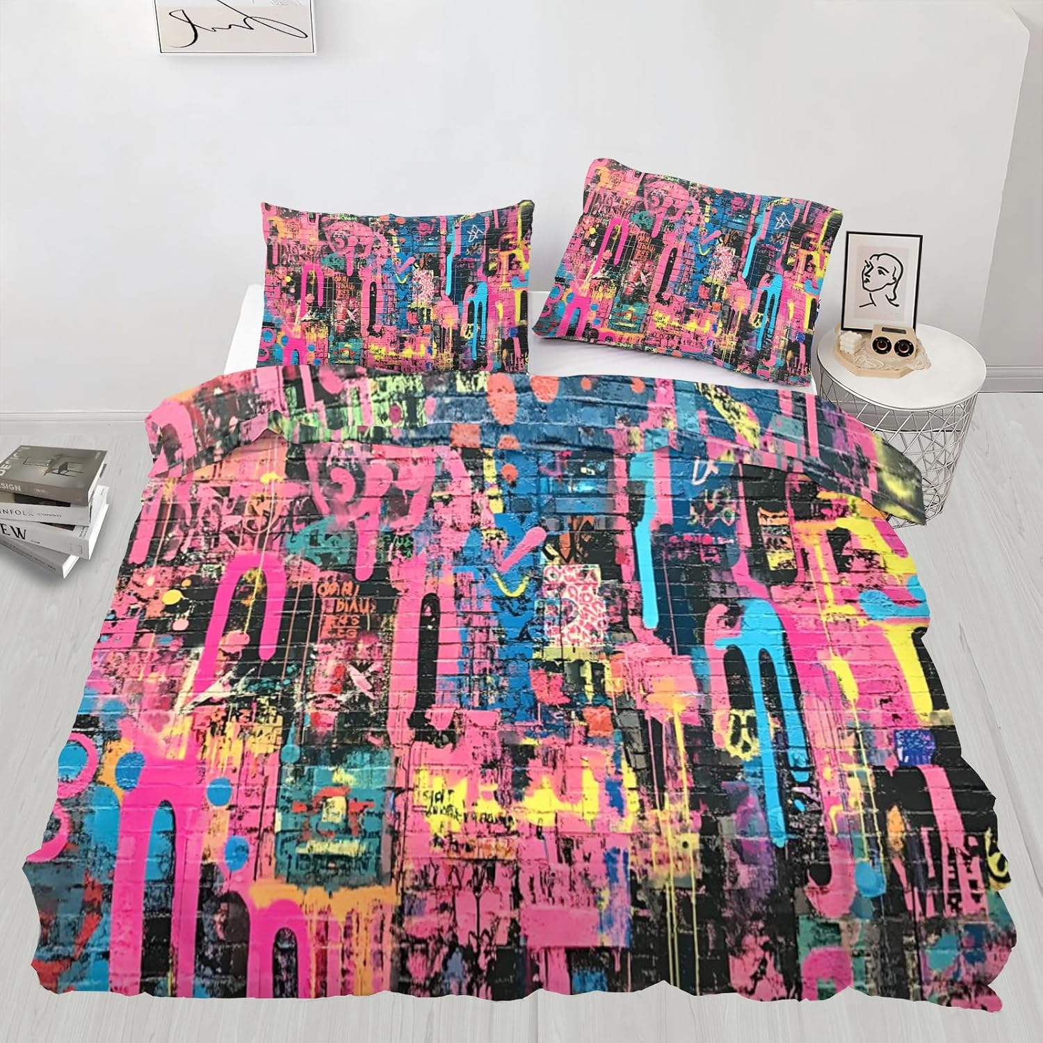 Street Graffiti Duvet Cover, Brick Wall Bedding Set Cover for Kids Boys Girls Teens, Colorful Graffiti Duvet Cover with Zipper Closure and 2 Pillow Shams, Twin Size 68"x90"