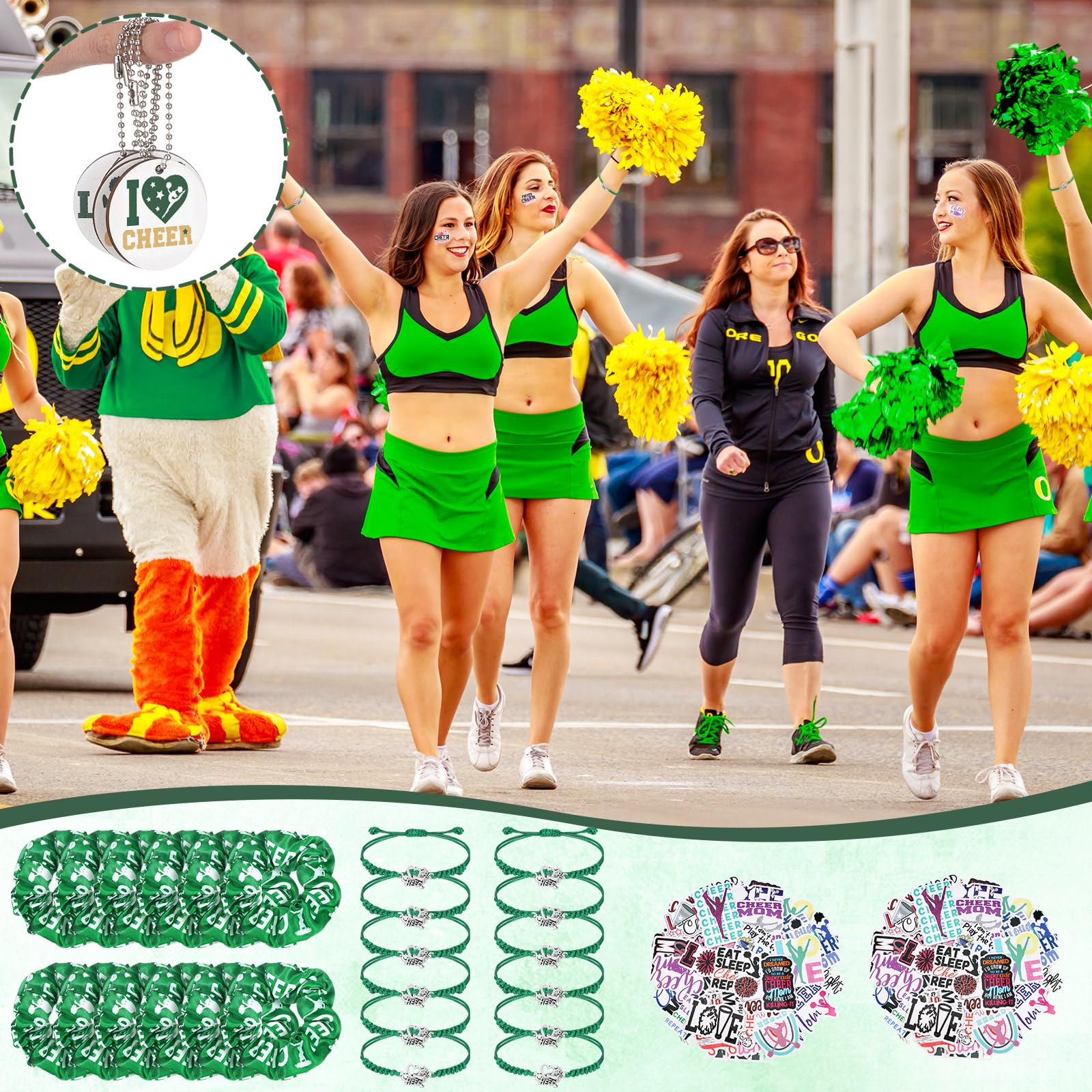 Lyrow 160 szt. Prezenty dla cheerleaderek luzem dla drużyny Cheer Scrunchies opaski do włosów kosmetyczka Cheer Mirror bransoletka brelok naklejka