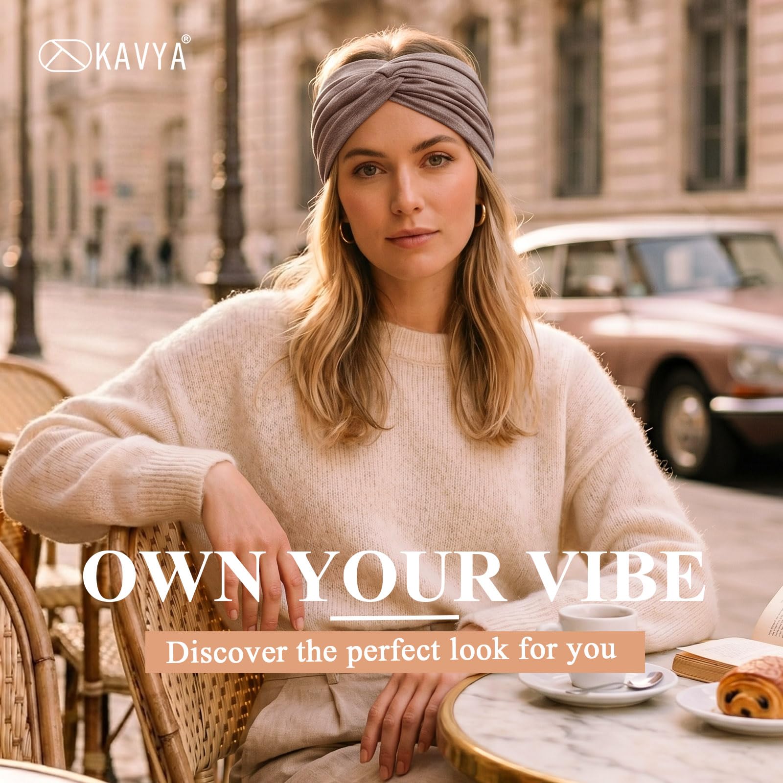 Kavya Fascia Capelli Donna Cerchietto Capelli Donna 4 Pezzi – 7'' Extra Large Elastico Boho, Turbante Fasce per Capelli Bandana Headband per Yoga, Skincare e Lavoro Quotidiano