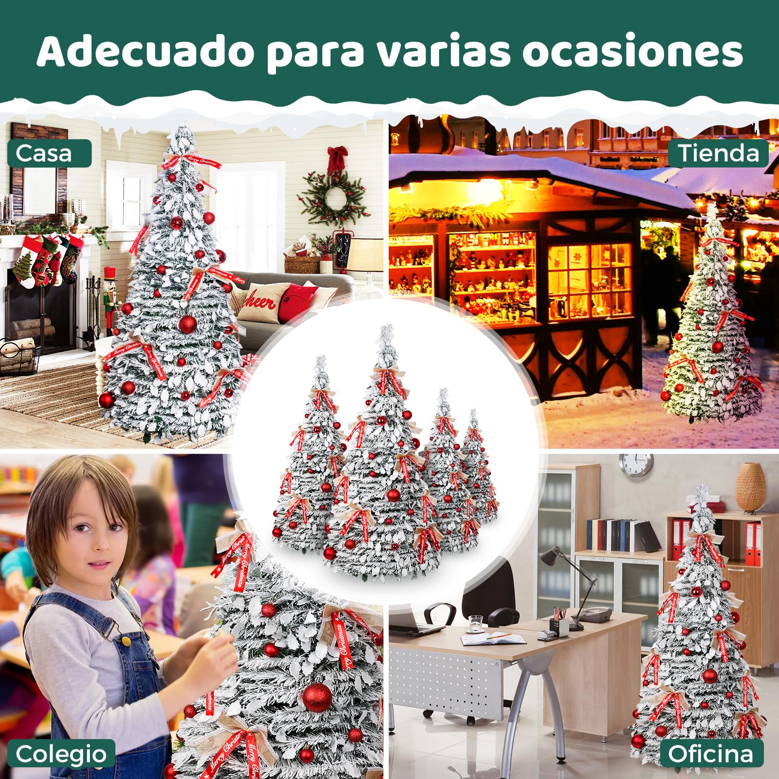 210cm Árbol de Navidad Plegable, árbol de Navidad Artificial en Blanco nevado con Adornos navideños y Lazos, Montaje fácil, decoración para Fiestas navideñas