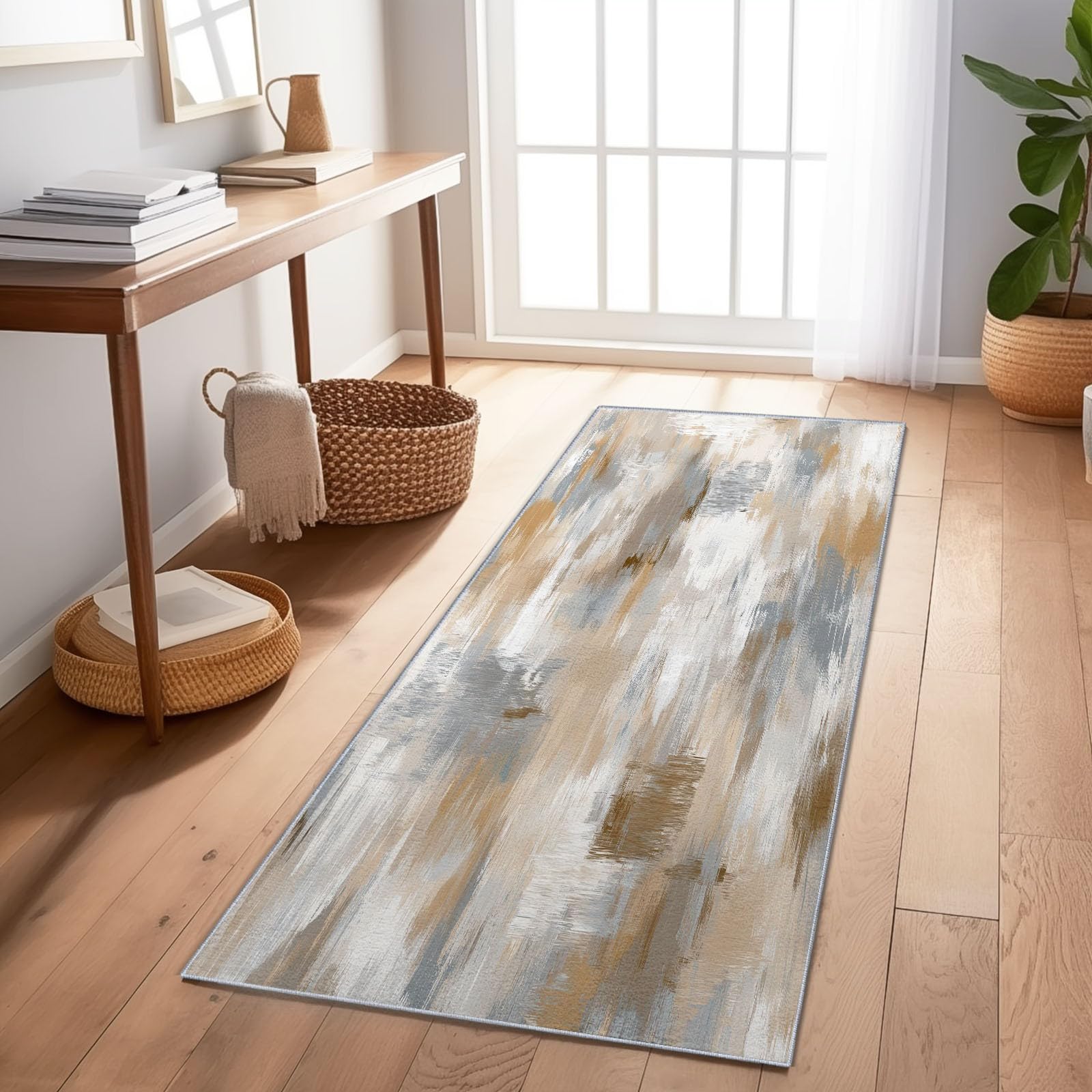 Tapis de couloir kaki abstrait 80x240 cm lavable et antidérapant