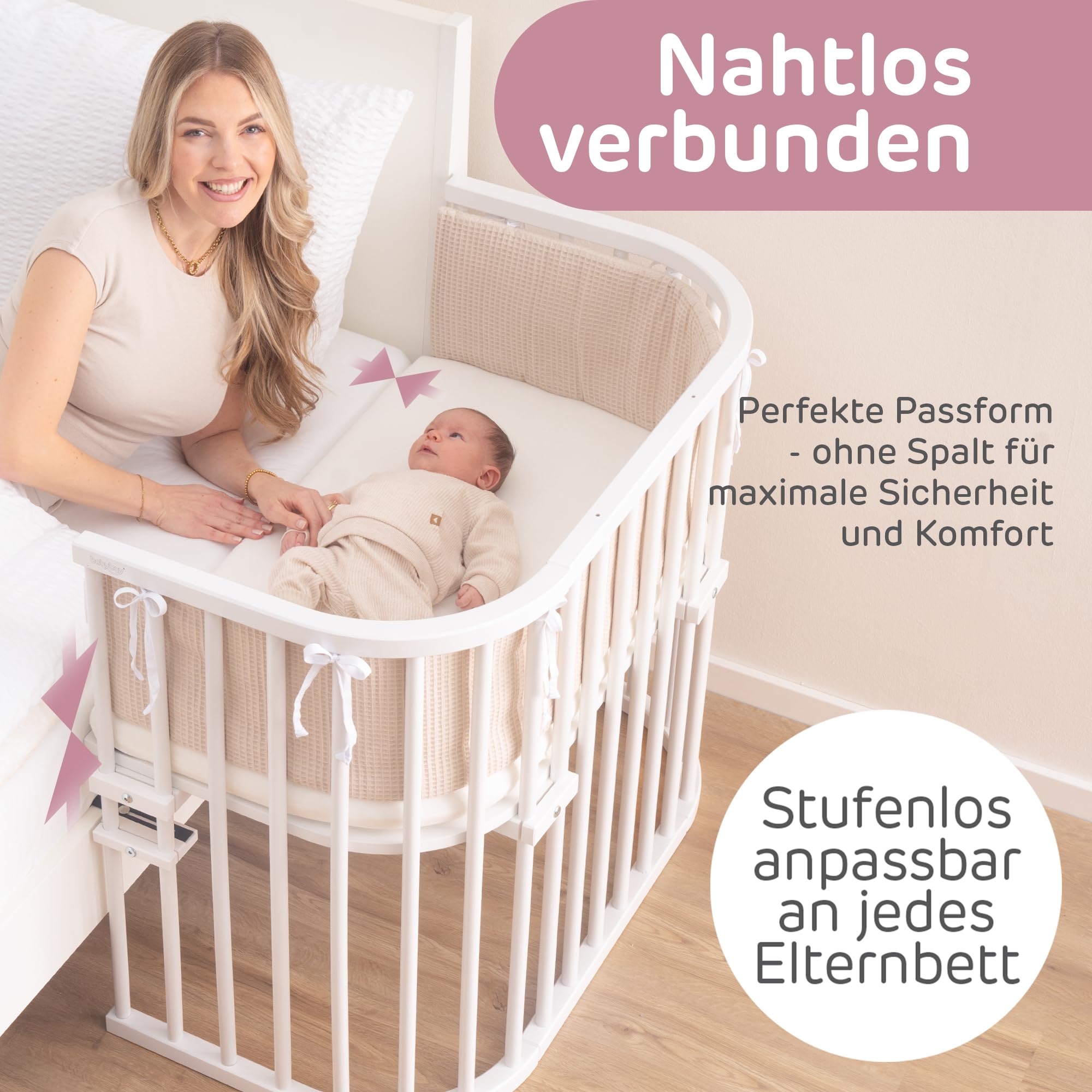 babybay Oryginalne łóżko dostawiane z litego drewna bukowego z materacem Classic Soft na dzień i na noc I łóżko dziecięce z regulacją wysokości i przyjaznym dla środowiska I rosnące wraz z dzieckiem lakierowane na biało)