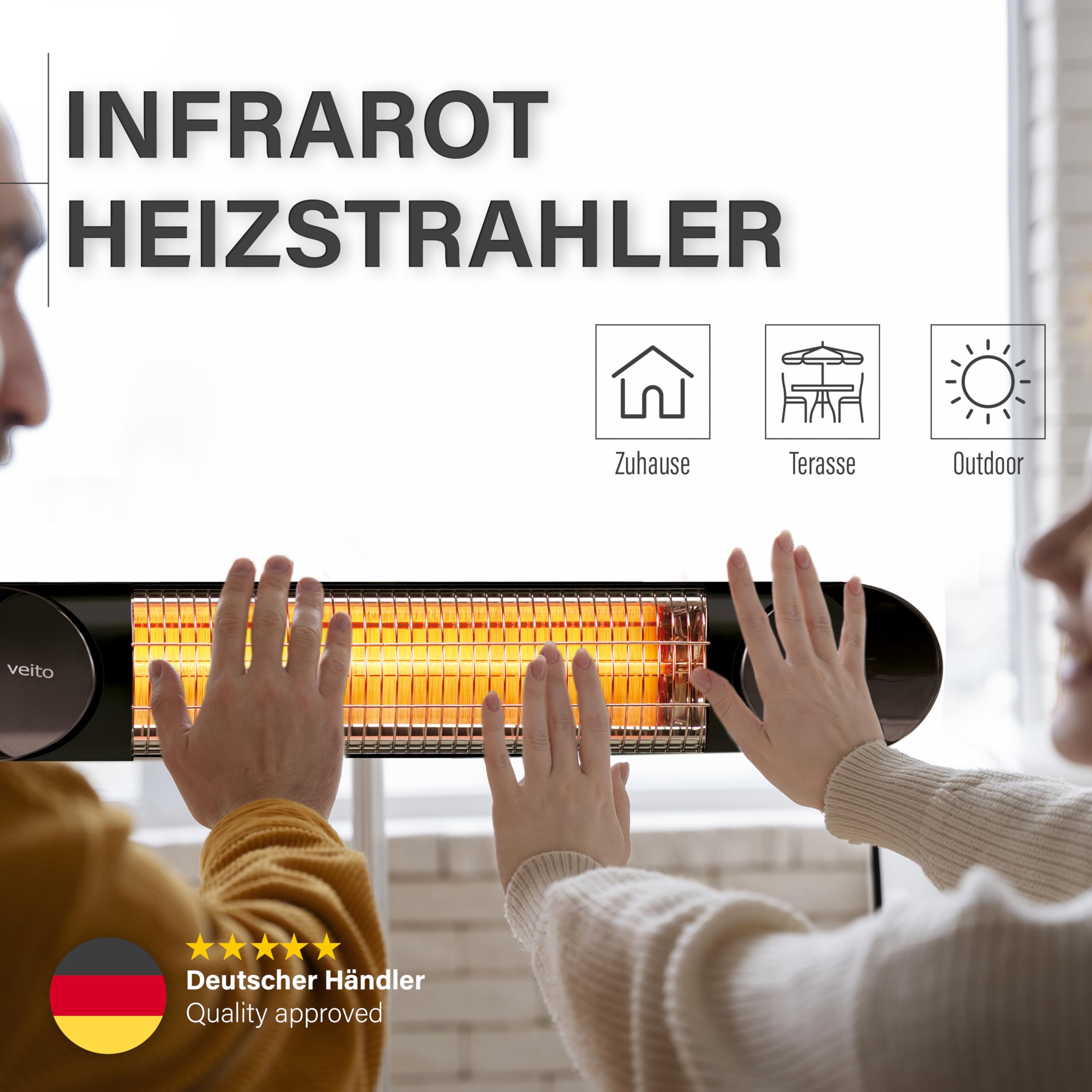 Veito Blade Mini Design infrarot Heizstrahler 1200 Watt Elektrisch, 4 Heizstufen mit Fernbedienung, IP55, Babystrahler.