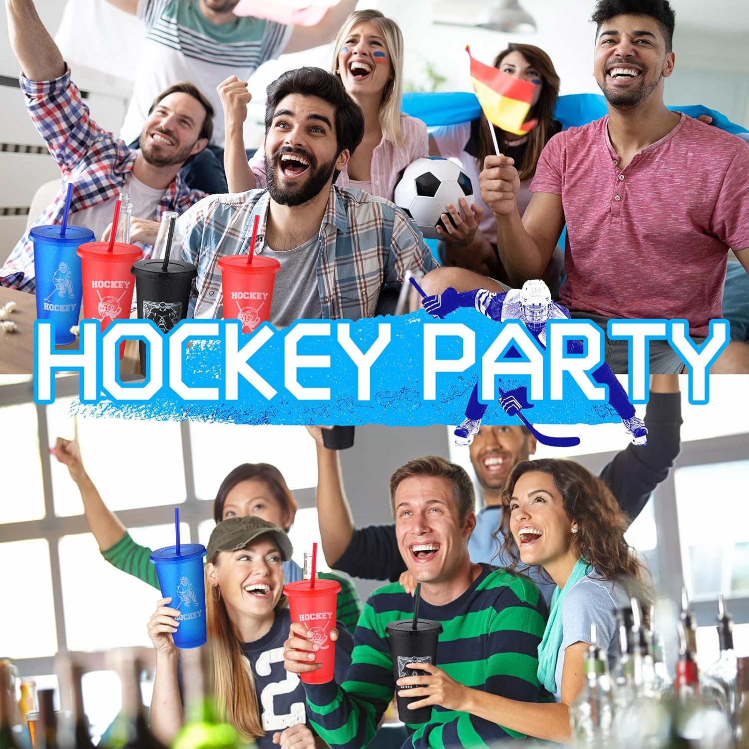 LemonRoad 24 Pcs Hockey Party Favors Include 12 Hockey Socks and 12 Plastic Tumblers with Lids and Straws Ice-hockey Birthday Party Decorations Water Bottle