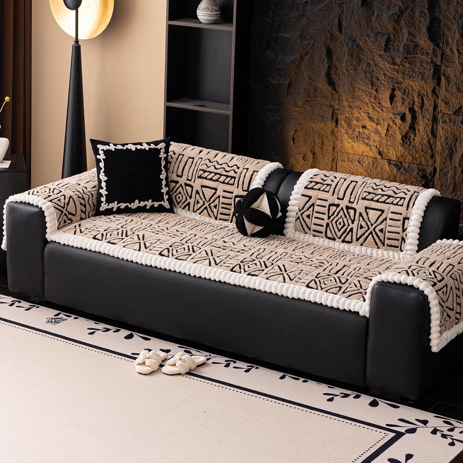 Boho Plush Couch Cover for Dogs Washable, Soft Fuzzy Pet Couch Covers for 3 Cushion Sofa Pet Friendly, Non Slip Sofa Cover (Coffee,28"x82")