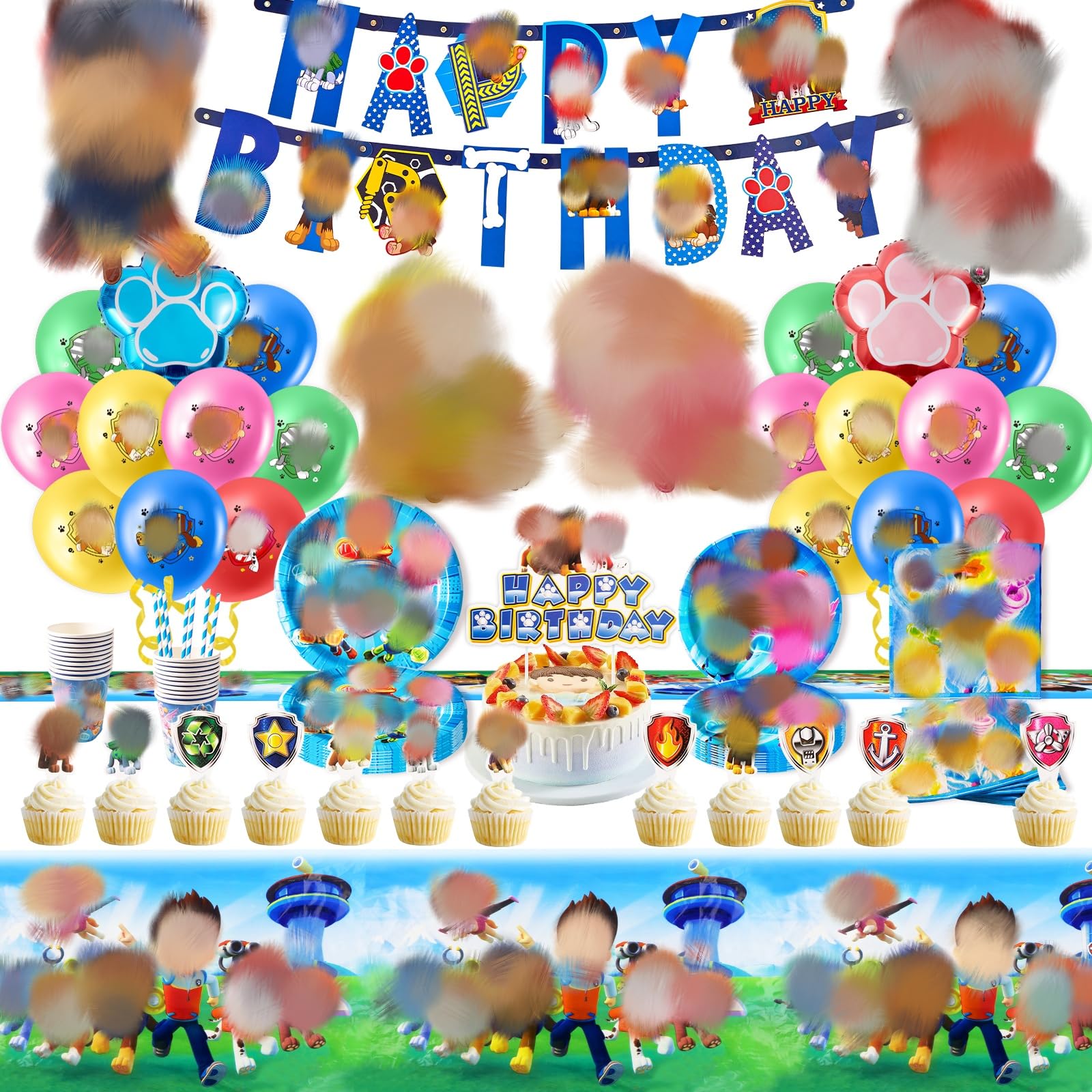 Balloon Set StyleA 105Pcs Party Supplies Set+Party Ballons, Party Tableware Set, Reusable Birthday Party Paper Plates Cups Napkins and Tablecloth Sets Kids Dog Decorations for 20 Guests