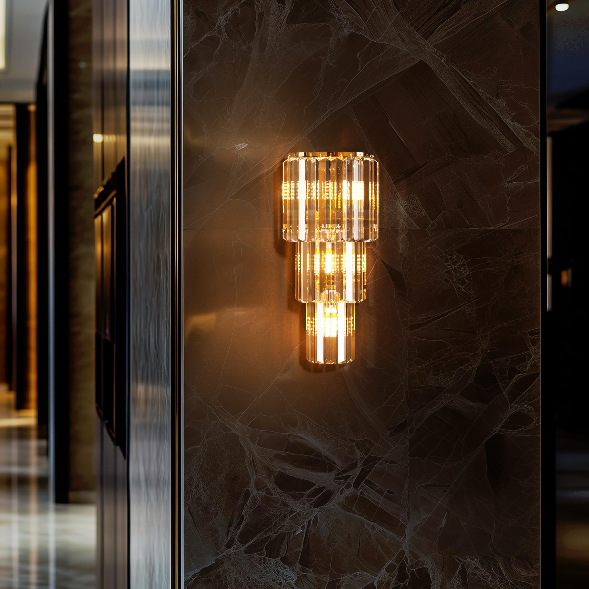 Vrygle Crystal Wall Light Luxury: 3-Layer LED Lighted Wall Lamp Modern Decorative Wall Sconce with Bulbs for Porch, Hallway, Bar, Restaurants, Patio, Home Decor