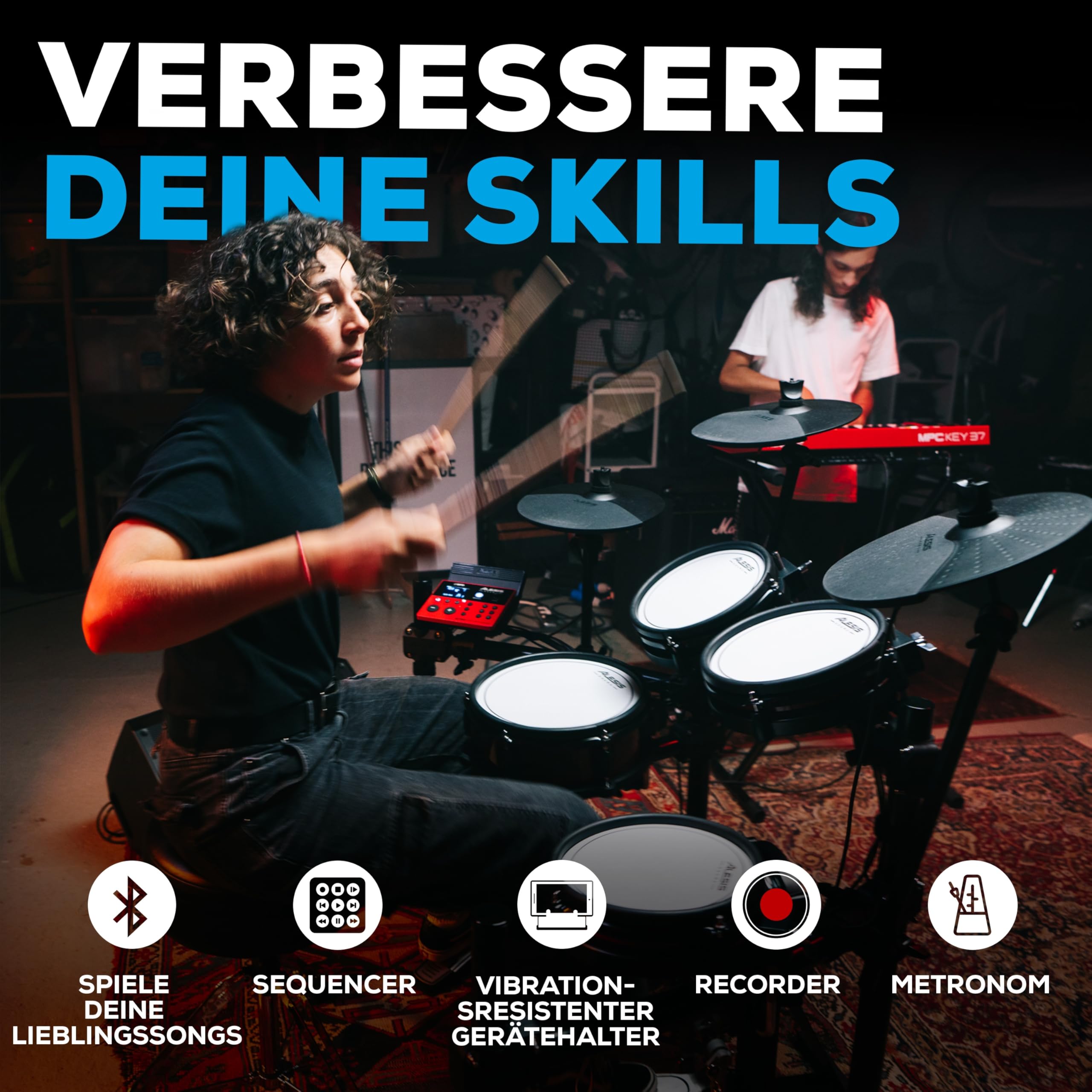 Alesis Nitro Pro Schlagzeug Elektronisch mit leisen Dual Zone Mesh Pads, 500+ authentischen BFD-Sounds, Bluetooth, Drumeo, USB-MIDI, Double Kick kompatibel