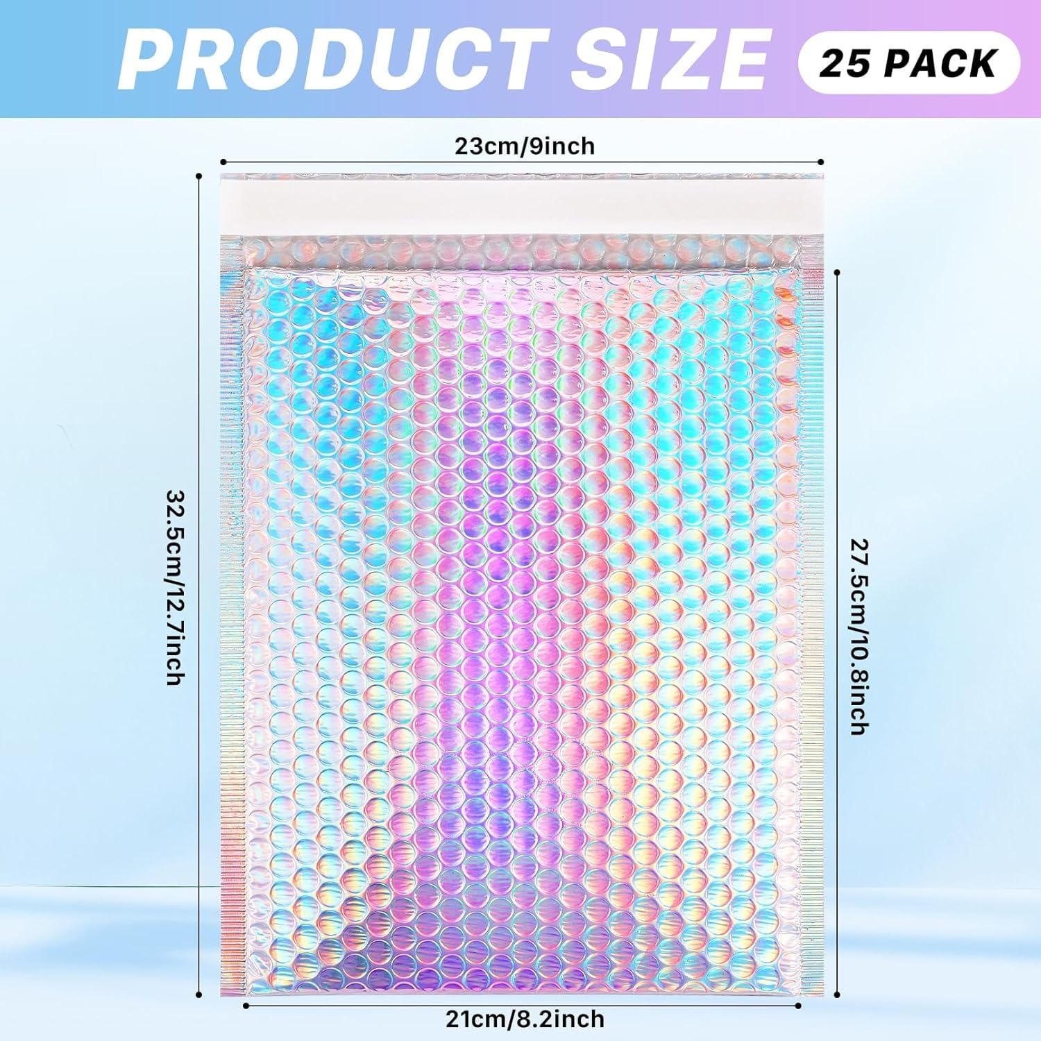 Lot de 25 enveloppes à bulles holographiques - 23 x 32 cm | Enveloppes postales autocollantes métalliques, rembourrées pour emballage d'expédition