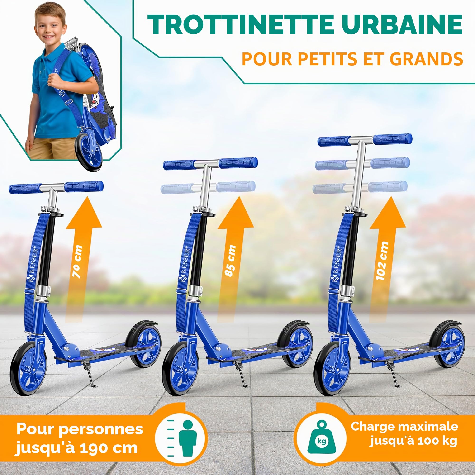 KESSER® Scooter pour Enfants de Ville Trottinette Pliable réglable en Hauteur, Kickscooter jusqu'à 100kg, Frein de Roue Arrière, Jusqu'à 190cm de Hauteur, Sangle de Transport Incluse