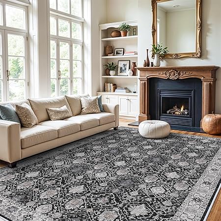 Washable Large 9x12 Area Rug: Indoor Oriental Living Room Carpet with Non Slip Backing Ultra Soft Low Pile Rugs for Bedroom Dining Room Distressed Stain Resistant Thin Floor Mat (9x12 Black)