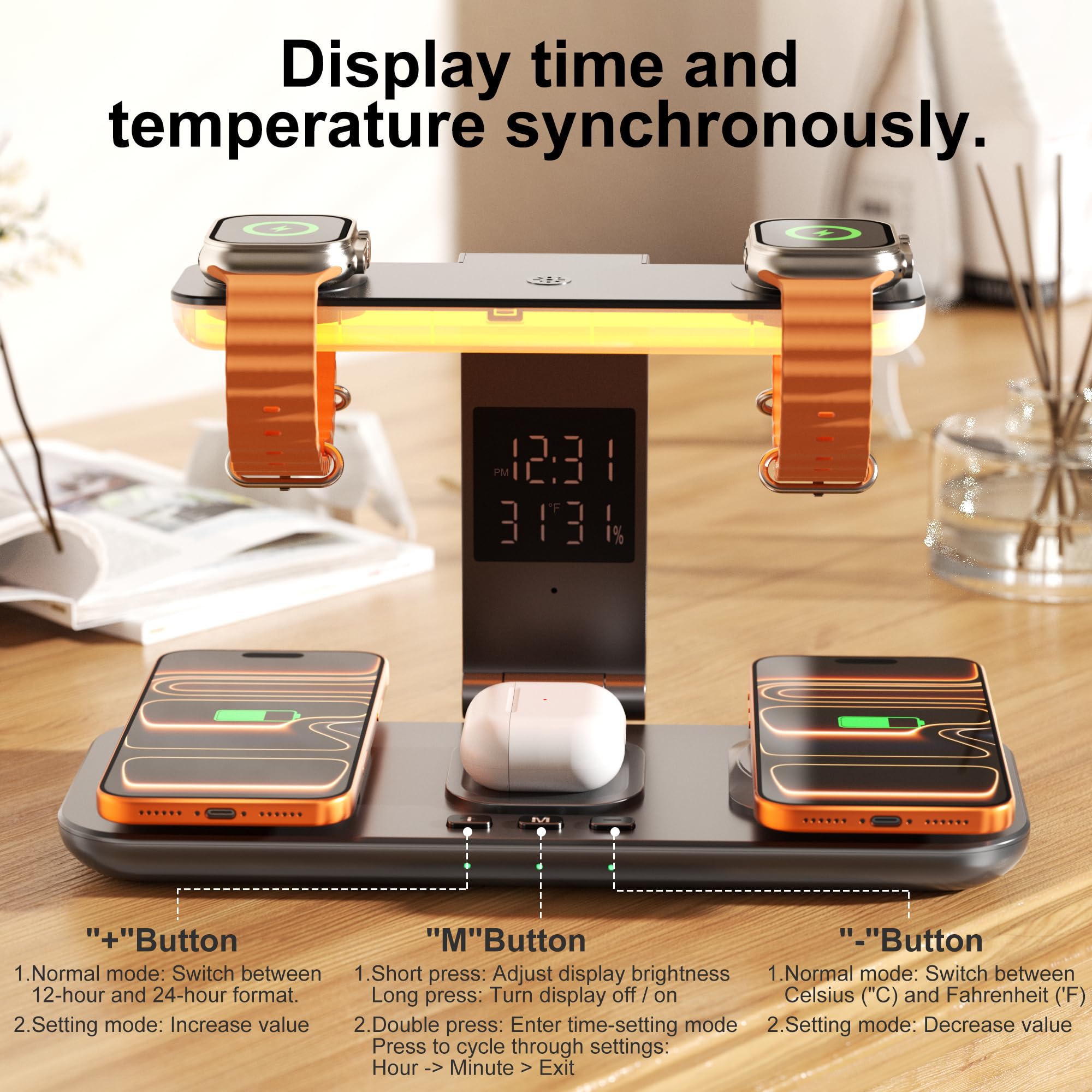 Estación de carga inalámbrica 7 en 1 para dispositivos Apple, soporte de cargador de teléfono dual con carga magnética para iPhone 17-12 Pro Max, cargador de reloj dual para iWatch Series, con