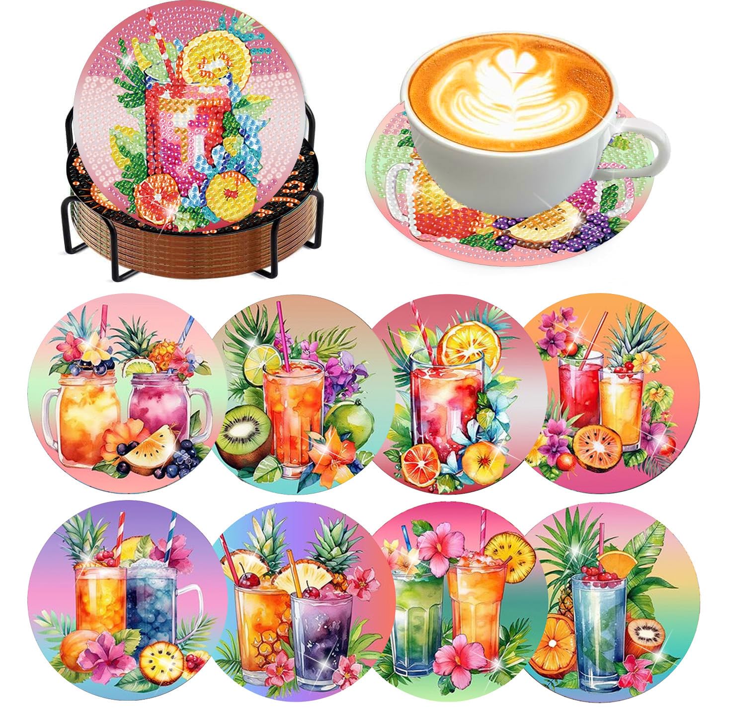 8 Pcs Diamond Art Coasters Kits for Adults - Diamond Painting Coasters Kits for Adults with Holder Cork Pads DIY Summer Cocktail Diamond Art Dots Painting Coasters Set for Adults Beginners Crafts-picture-43