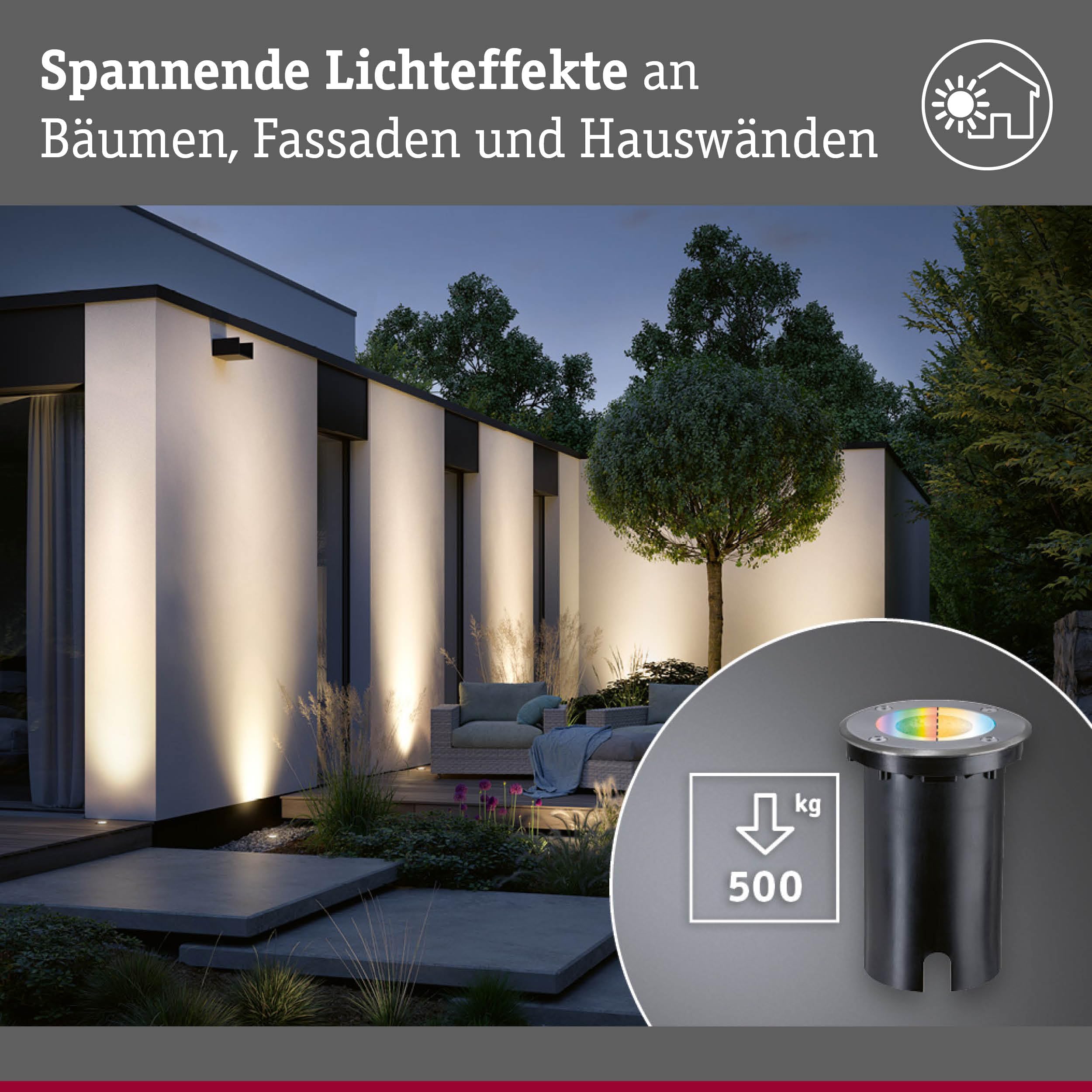 Paulmann 94845 LED Außenleuchte Bodeneinbauleuchte Smart Home Zigbee Floor IP67 rund 110mm RGBW+ 4,9W 300lm 230V Eisen gebürstet Außenleuchte