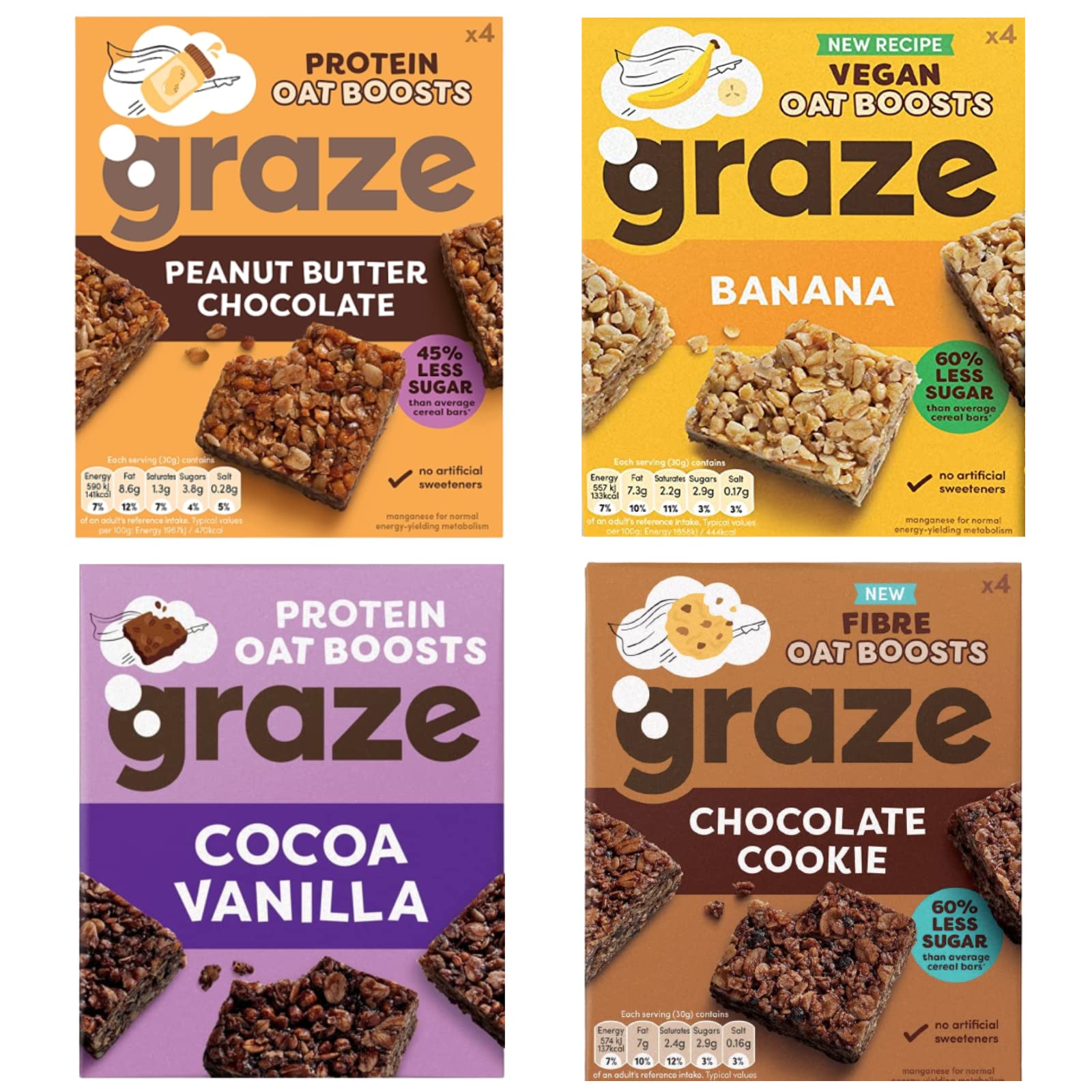 Graze Protein Barres d'avoine – Snacks sains, avoine entière, saveurs naturelles, riche en fibres, moins de sucre (16 collations – 4 paquets de 4 x 30 g)