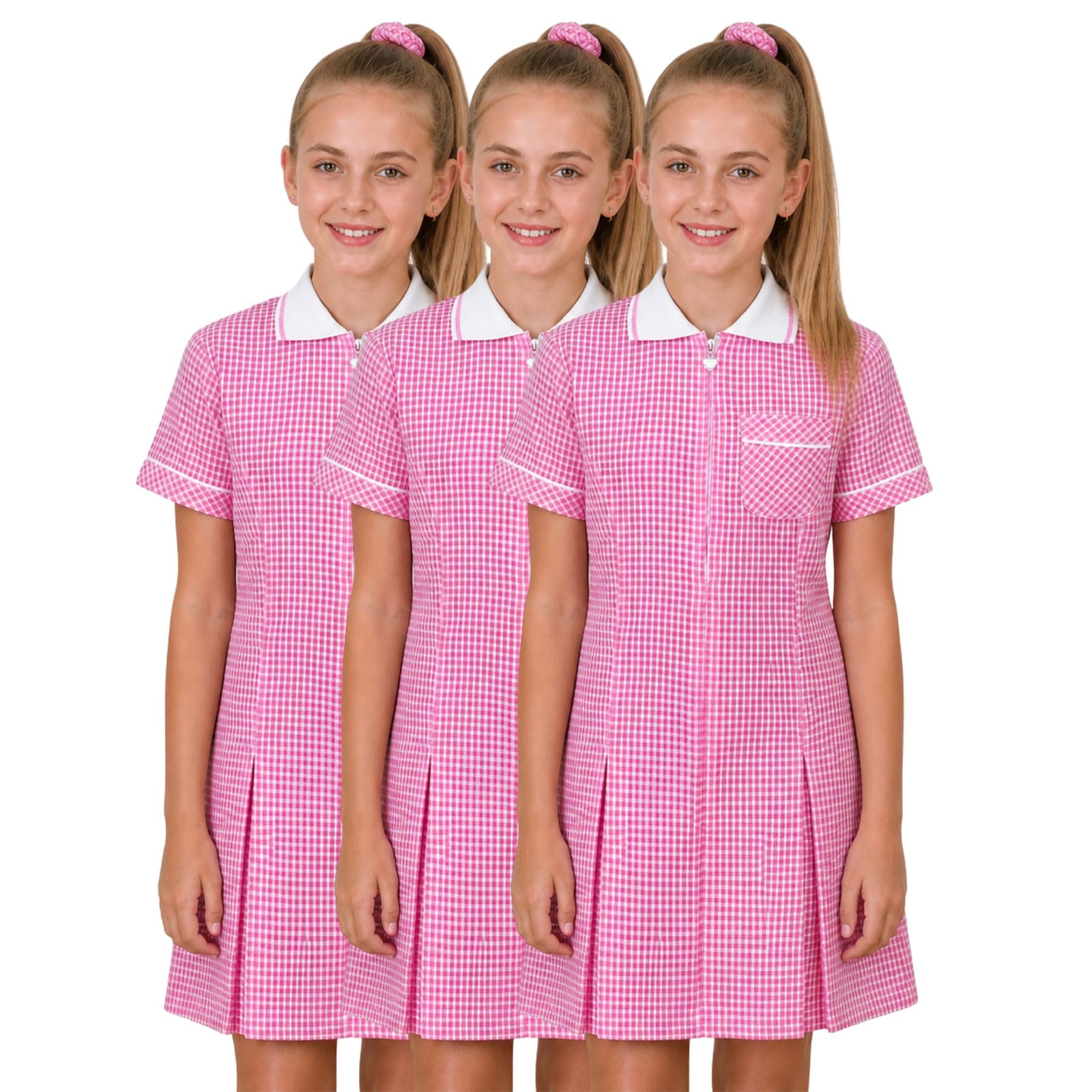 Paquete de 3 vestidos escolares de verano a cuadros para niñas, manga corta, plisado, estampado a cuadros, uniforme escolar con pelo ondulado, ligero, cuello con cremallera y bolsillo