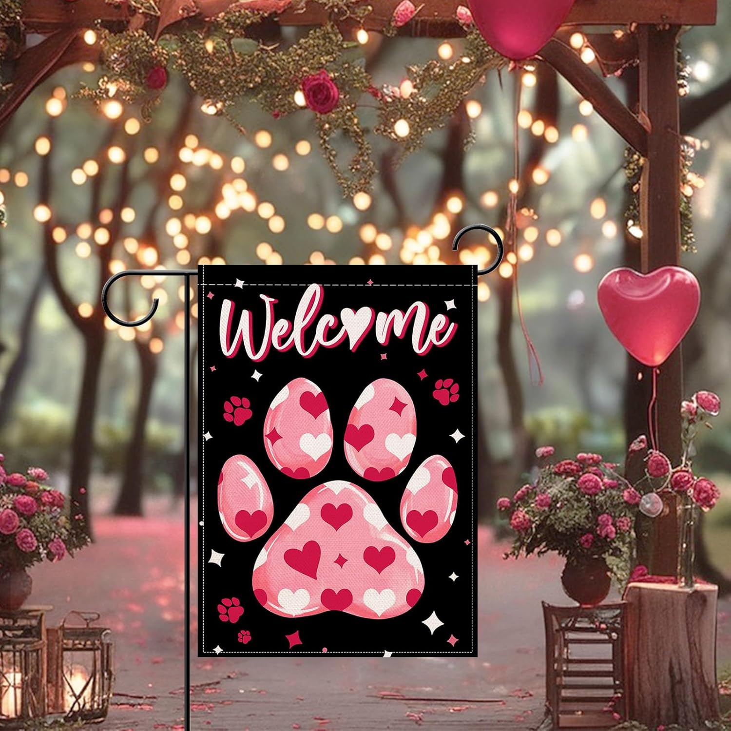 Artofy Welcome Valentines Dog Cat Paw Print Small Decorative Garden Flag, Pink Love Heart Yard Lawn Outside Decor, Anniversary Wedding Burlap Outdoor Home Decoration Double Sided 12 x 18 - Image 6
