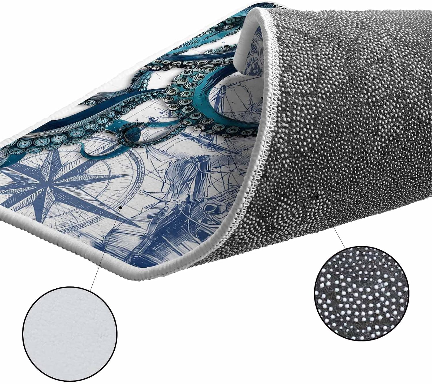 Nautical Blue Octopus Kitchen Rugs and Mats Set of 2, Non-Slip Kitchen Sink Mat, Coastal Ocean Summer Boat Washable Doormat Bathroom Rugs Runner for Bedroom/Living Room 19.7"x23.6"+19.7"x47.2"