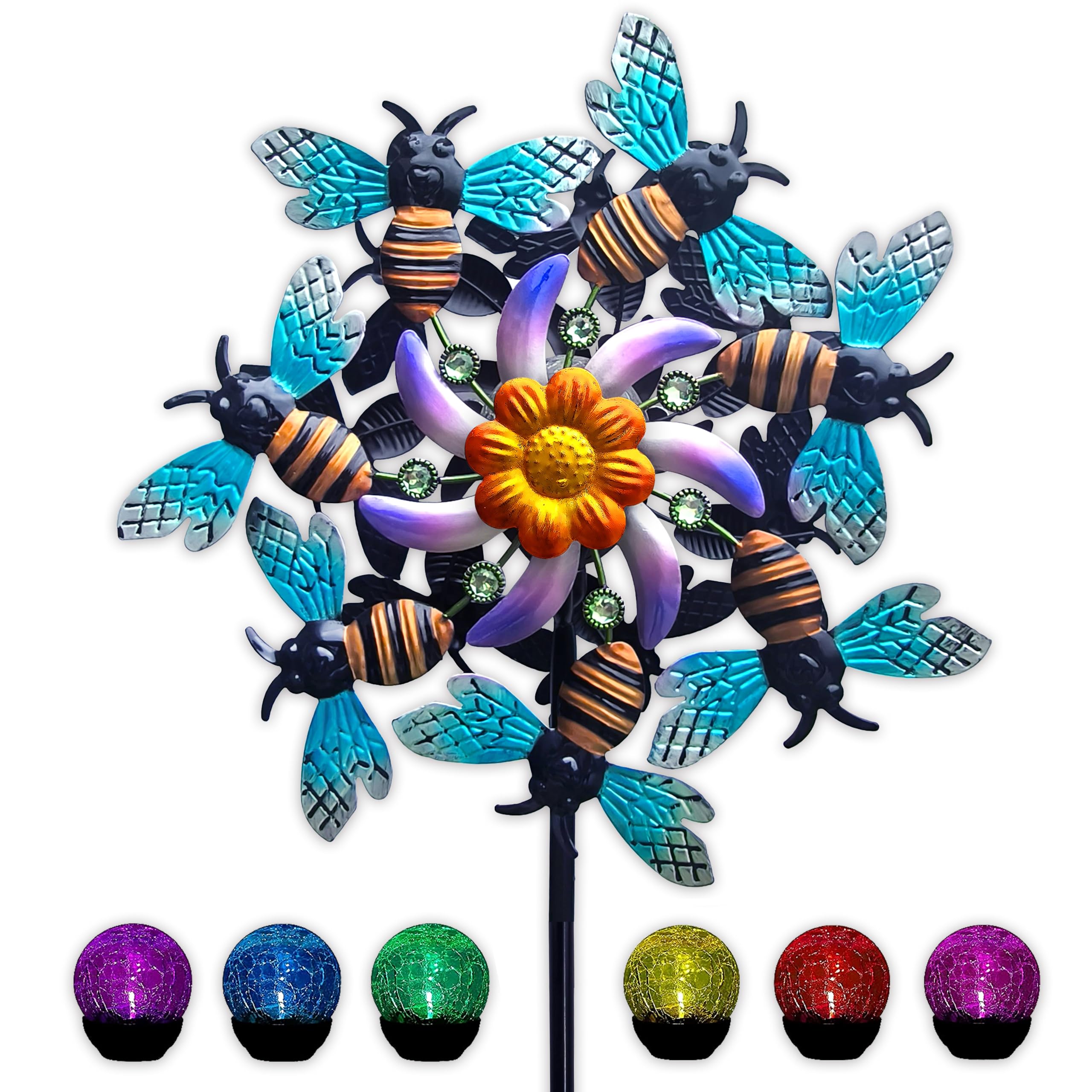 (similar)" Bee Solar Wind Spinner Garden Stake-Solar Powered RGB Color Changing LED with Glass Ball Wind Catcher-Wind Sculpture Spinner Windmills for Yard Outdoor Decoration