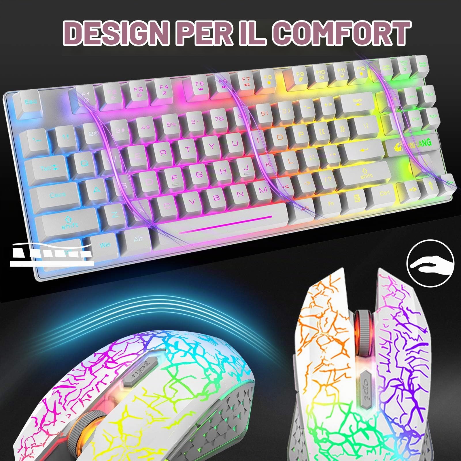 Combinazione mouse e tastiera da gioco wireless, 87 tasti arcobaleno retroilluminazione a LED batteria ricaricabile da 3800 mAh sensazione meccanica mouse muto impermeabile RGB (White)