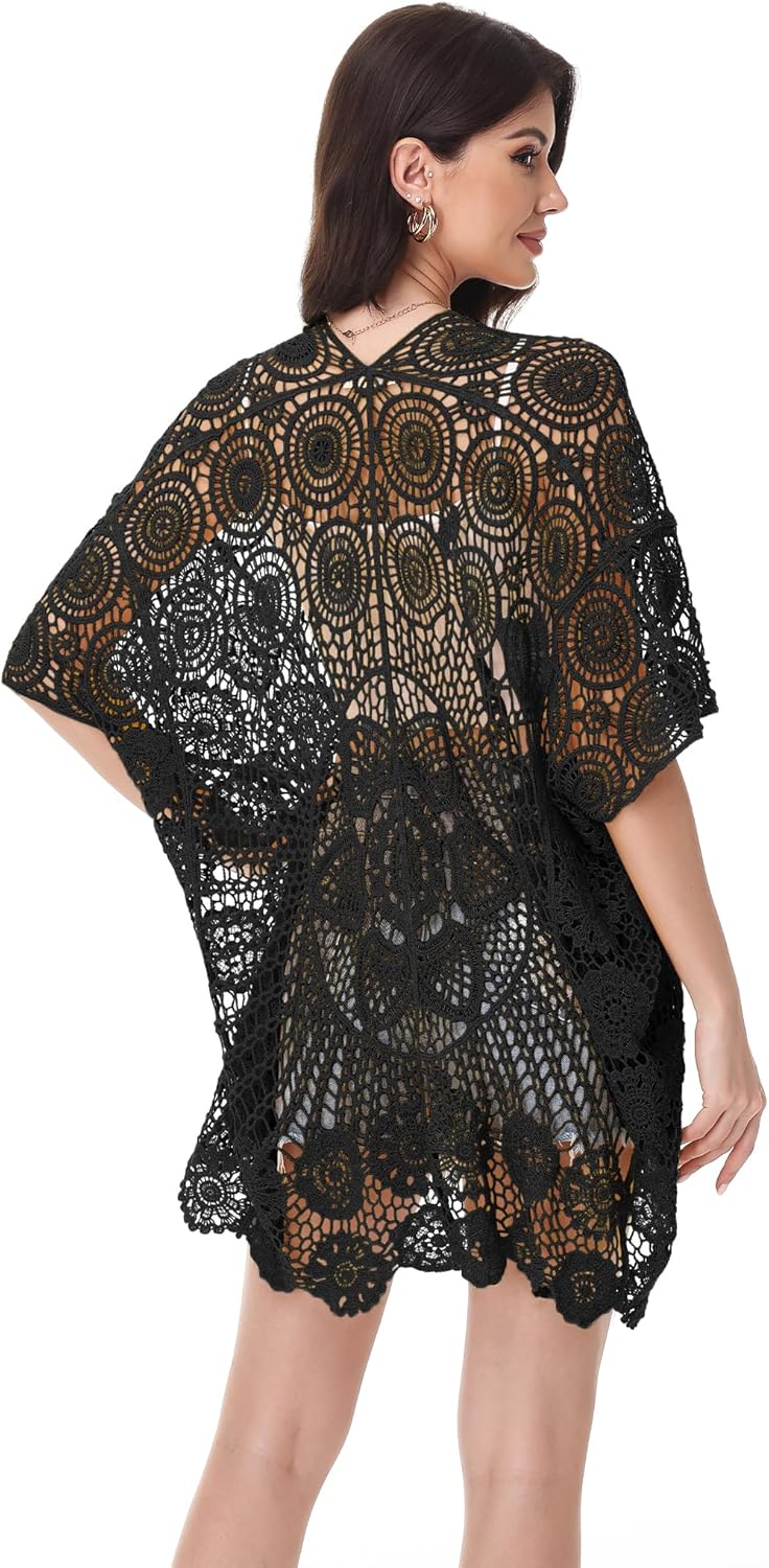 Anna-Kaci Crochet Lace Cardigan Kimono Top with Boho Floral Patterns for Beach, Vacation, or Casual Layering - Image 2