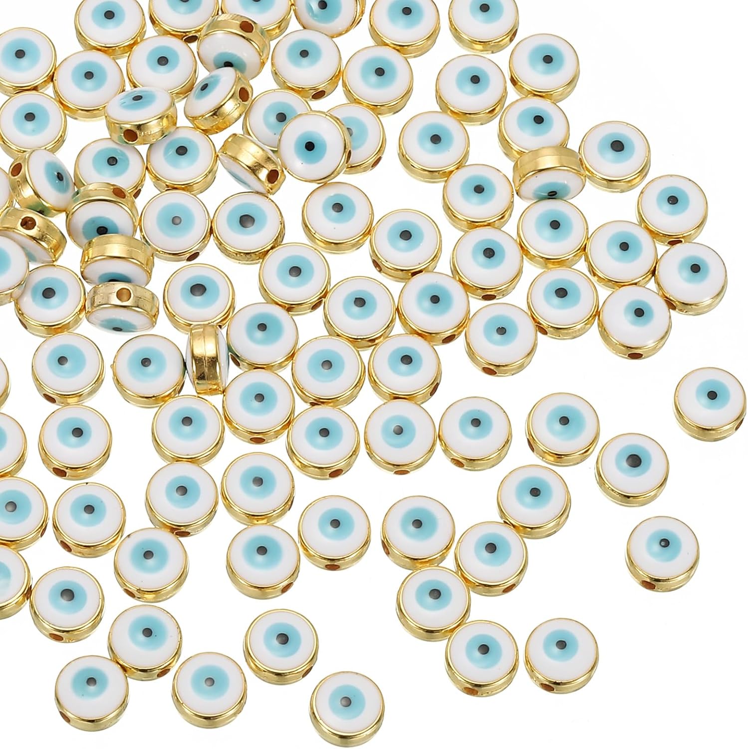 PATIKIL 8mm Evil Eye Beads, 100 Pcs Flat Round Turkish Evil Eye Charm with Golden Edge Spacer Beads Eyeball Bead for Bracelet DIY Necklace Earrings Making, White