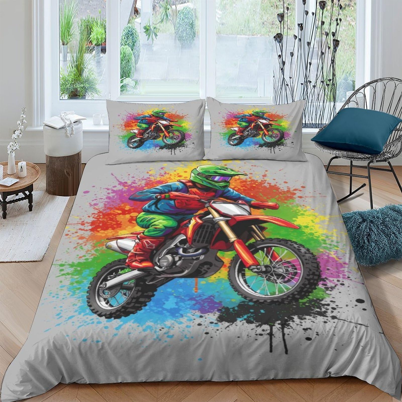Ctjqhvkz Style-1 3D Printed Colorful Motocross Fitted Sheet Microfiber Soft Breathable Graffiti Motorcycle Mattress Cover For Bedroom Decor Single（135X200cm）