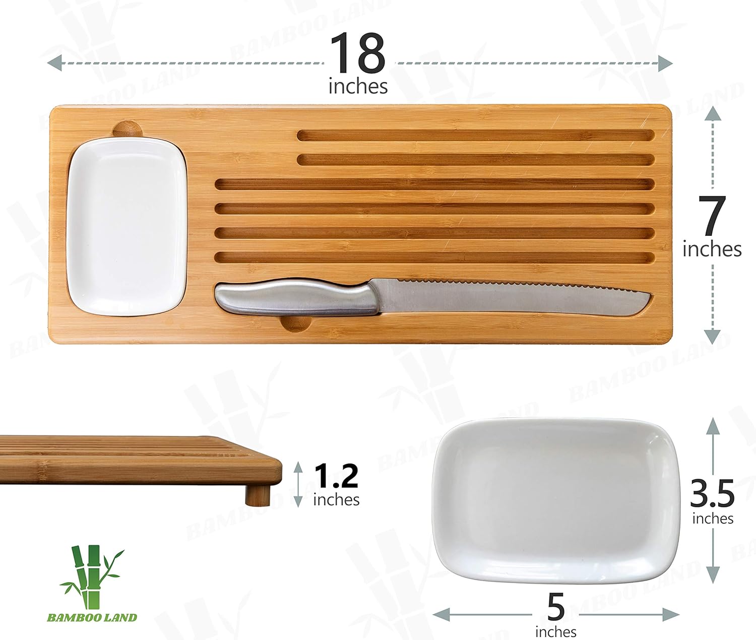 🛒 Crazy Deals BAMBOO LAND NEW Sweep Off BAMBOO Baguette Board, bread/loaf cake cutting board with bread crumb catcher, ceramic Dipping Dish/Olive Oil Dis & large BREAD KNIFE, home gift HOUSEWARMING