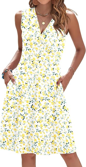 WNEEDU Women Summer Dress Sleeveless Casual Dresses V Neck Wrap Waist Dress with Pockets