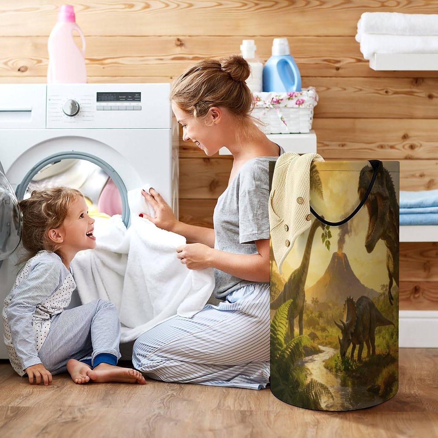 Dinosaur Land Laundry Hamper 86L Waterproof Collapsible Clothes Basket with Double Handles Freestanding Foldable Laundry Basket Large Clothes Hamper for Bathroom