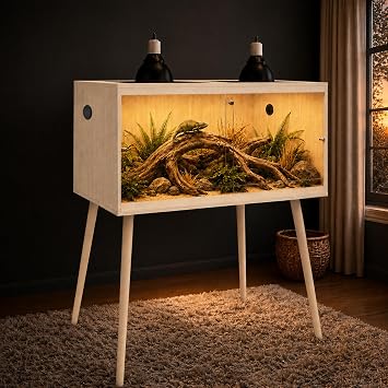 PROLEE 120 Gallon Bearded Dragon Tank with Leg Stand, 4x2x2 Reptile Enclosure with Wood Side Panels, Tempered Glass Front Sliding Doors and Ventilated Mesh Roof, Large Lizard Habitat, Oak