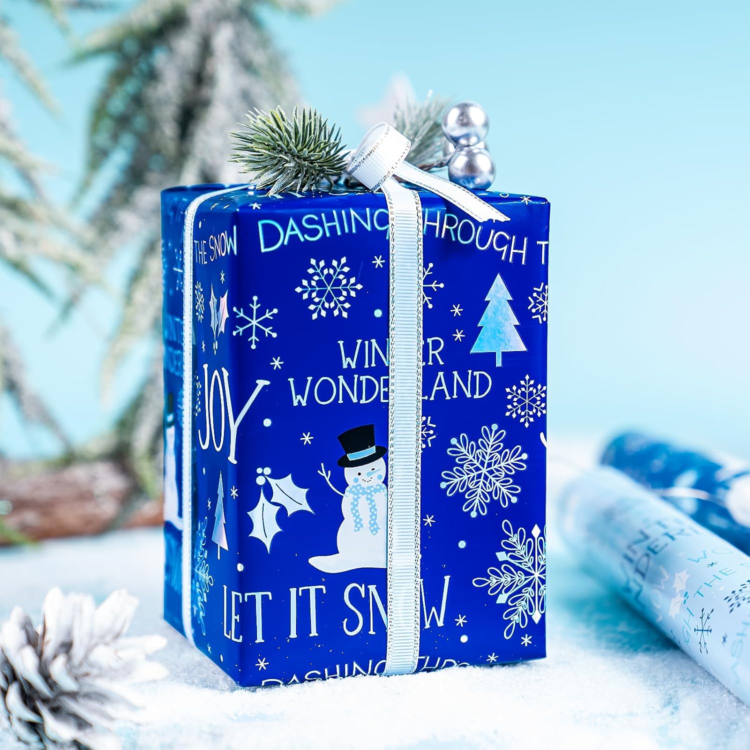 WRAPAHOLIC Christmas Wrapping Paper Roll - Mini Roll - 3 Rolls - 17 Inch x 120 Inch Per Roll - Blue and White Winter Wondland, Snowflake, Snowman Holiday Collection with Metallic Foil Shine image 5