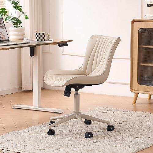 Miniatura 58 de YOUTASTE Silla de oficina marrón, moderna silla de escritorio sin brazos con respaldo, silla giratoria ajustable de piel sintética con ruedas, base