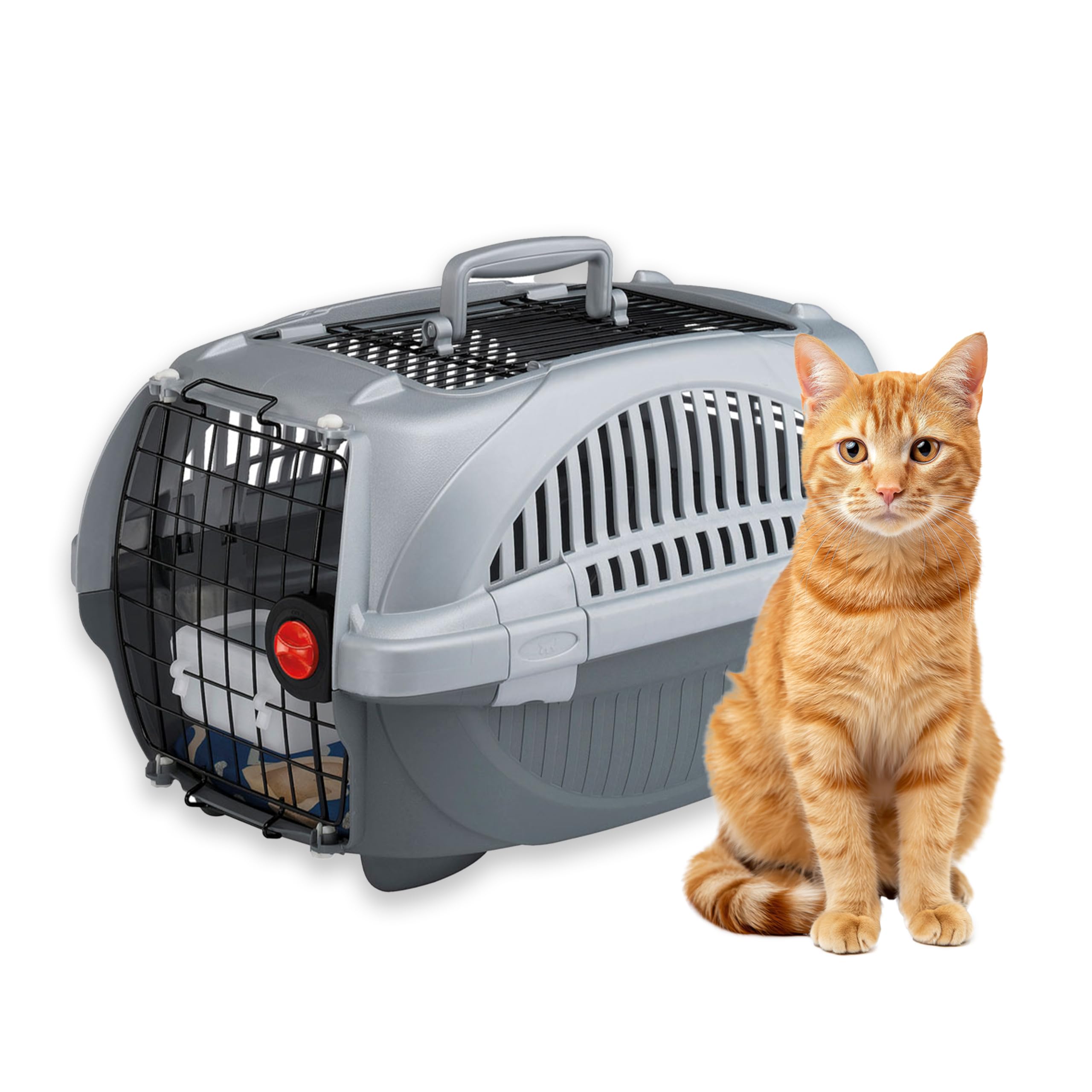 Ferplast Transportín Gato, Transportín Perro Pequeño hasta 8 Kg, Techo Abrible, con Cojín y Comedero, 37,4 x 58 x h 33 cm, Transportín Mascotas Rígido Atlas 20 Open Deluxe, Negro