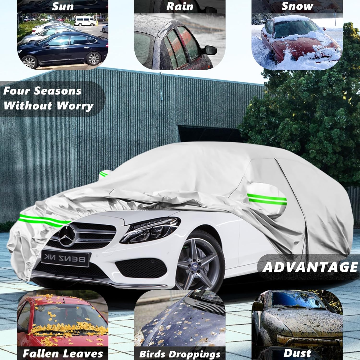 Waterproof Car Cover for Mercedes Benz C-Class C300, C250, C43 2004-2025,210D All Weather Car Covers with Zipper Door,Windproof Bands for Sun UV Snow Rain Dust Hail Protection（Sliver）