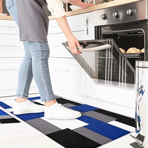 Miniatura 2 de Juego de 2 alfombras y tapetes de cocina negros, blancos, rojos y grises, arte geométrico abstracto, acolchadas, arte abstracto y moderno, tapetes