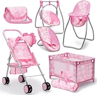 DollsToPlay Baby Doll Stroller Bed Swing Nursery Playset - Convertible High Chair Crib Diaper Bag for 12-18" Dolls