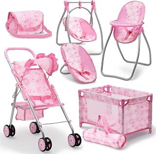 DollsToPlay Baby Doll Stroller Bed Swing Nursery Playset - Convertible High Chair Crib Diaper Bag for 12-18" Dolls