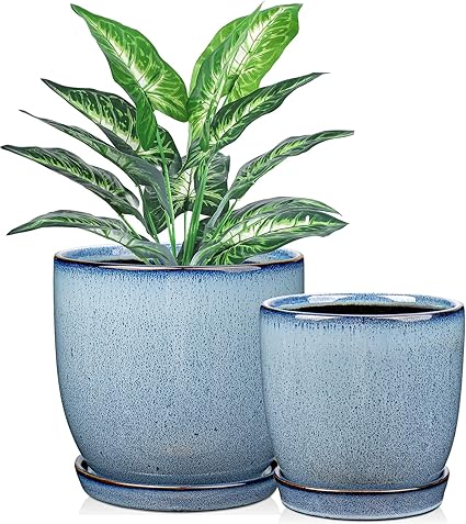 Ceramic Plant Pots 6 Inch + 5 Inch Set of 2, Flower Plants Pot with Drainage Holes and Saucers Tray Blue Planter Garden Pot for Succulent Cactus Home Decoration Gift Indoor Outdoor