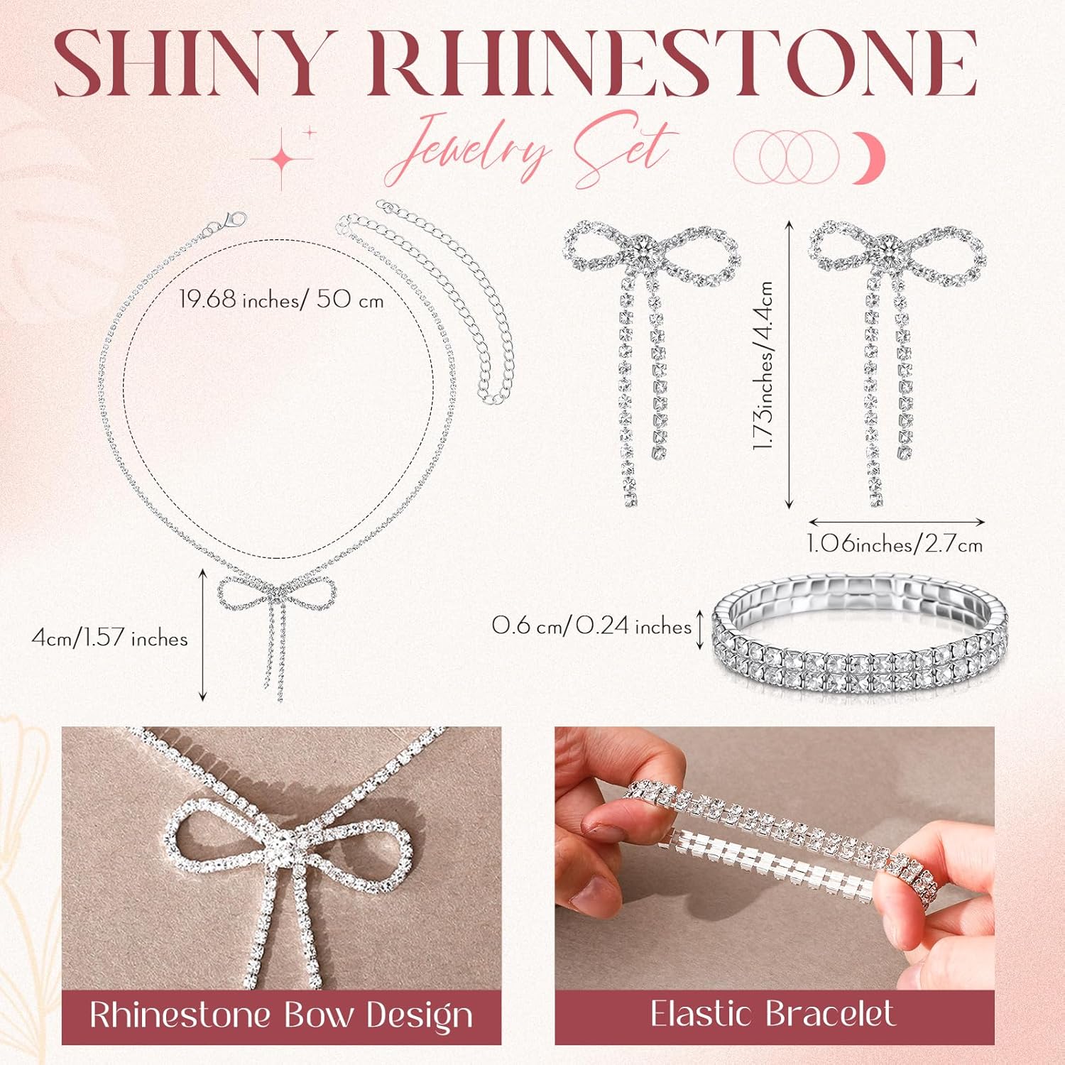 Abbylike 4 Pcs Rhinestone Evening Clutch Bag Set with Bow Dangle Earrings Necklace and Bracelet Glitter Purse for Women Prom - Image 3