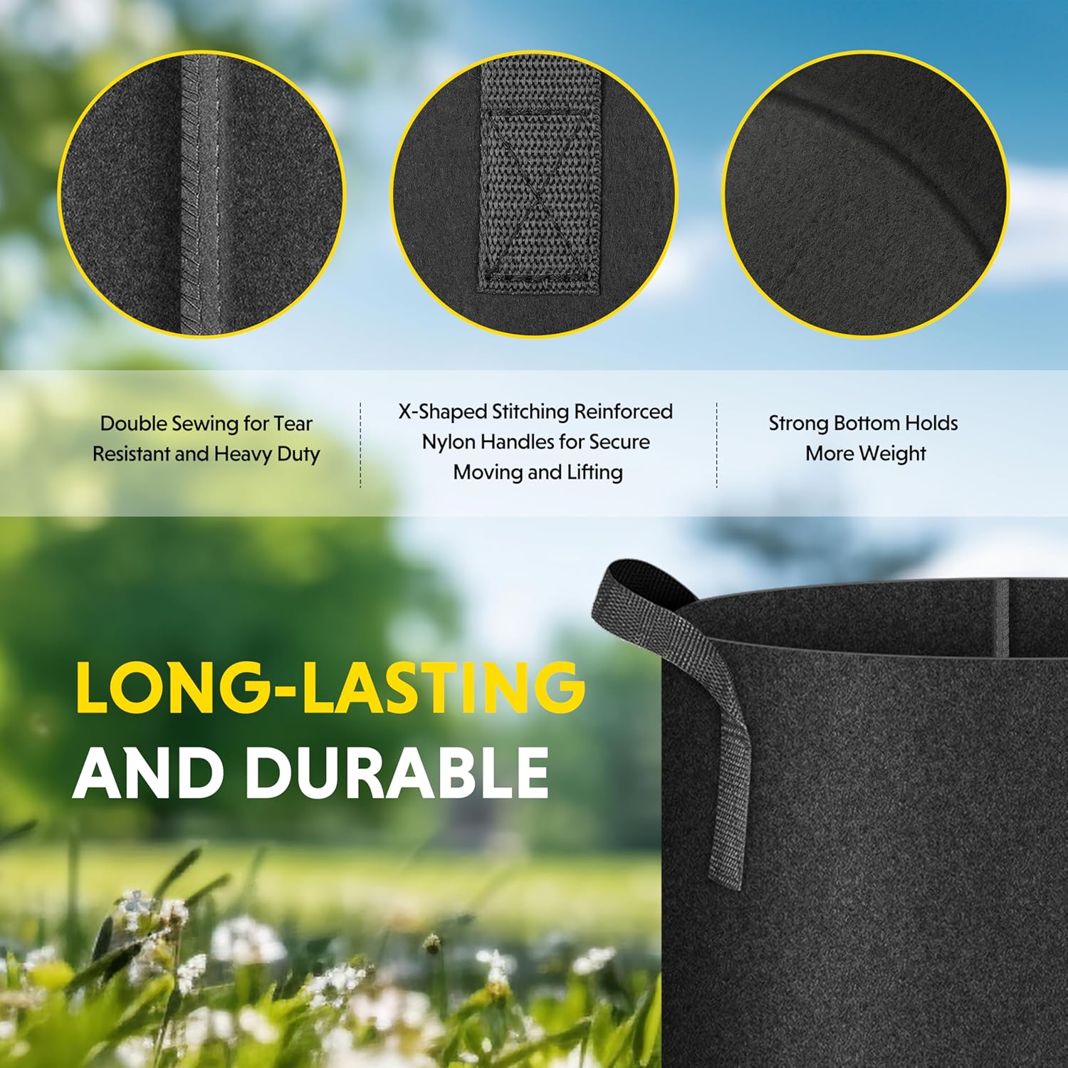 iPower Plant Grow Bag 15 Gallon 6-Pack Heavy Duty Fabric Pots, 300g Thick Nonwoven Fabric Containers Aeration with Nylon Handles, for Planting Vegetables, Fruits, Flowers, Black 2024 Version