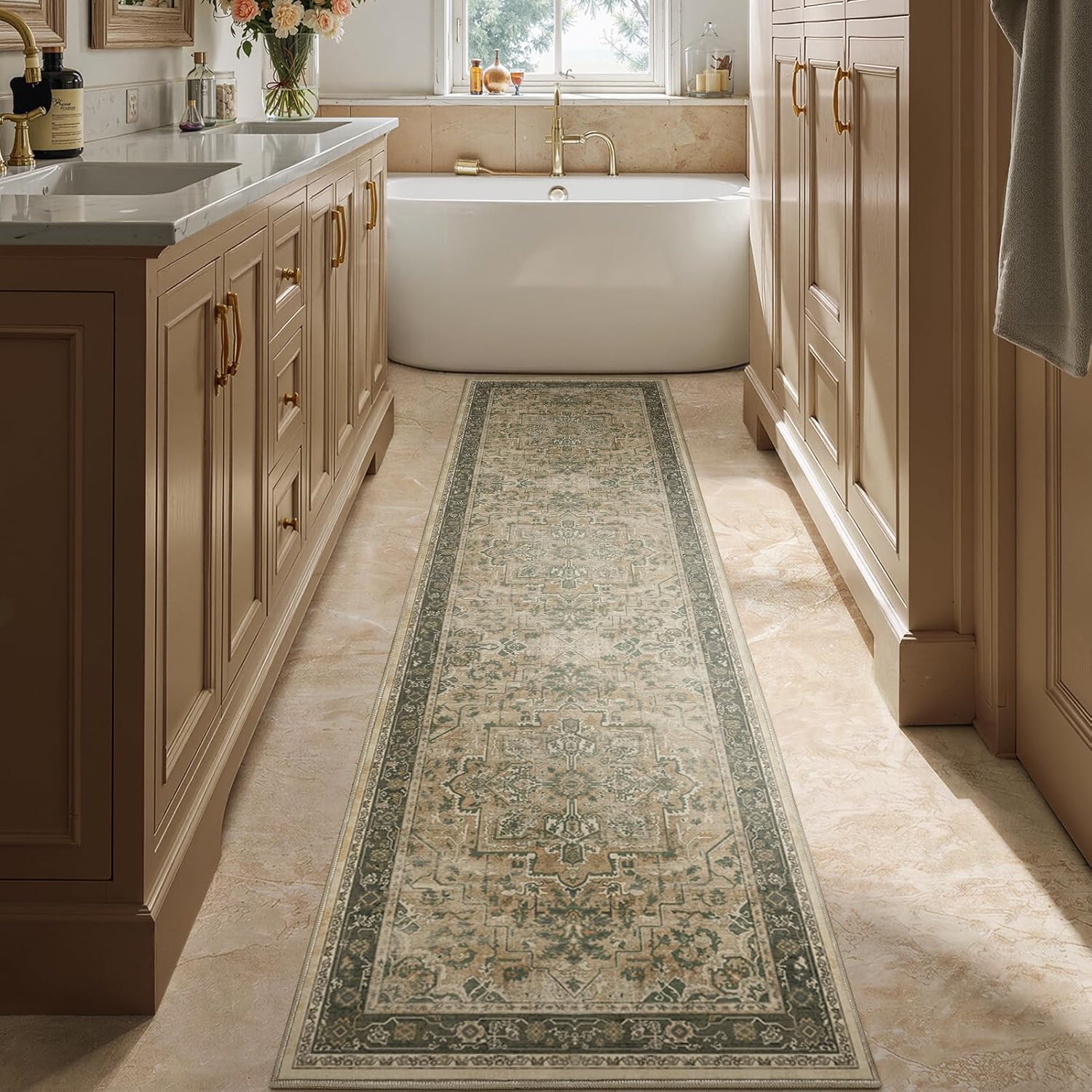 Moody Distressed 2x8 Runner Rugs for Hallways Entryway, Vintage Medallion Carpet Runner for Kitchen/Bedroom Bedside/Laundry Room/Bathroom Low Pile Washable Non Slip, Multi Brown/Green